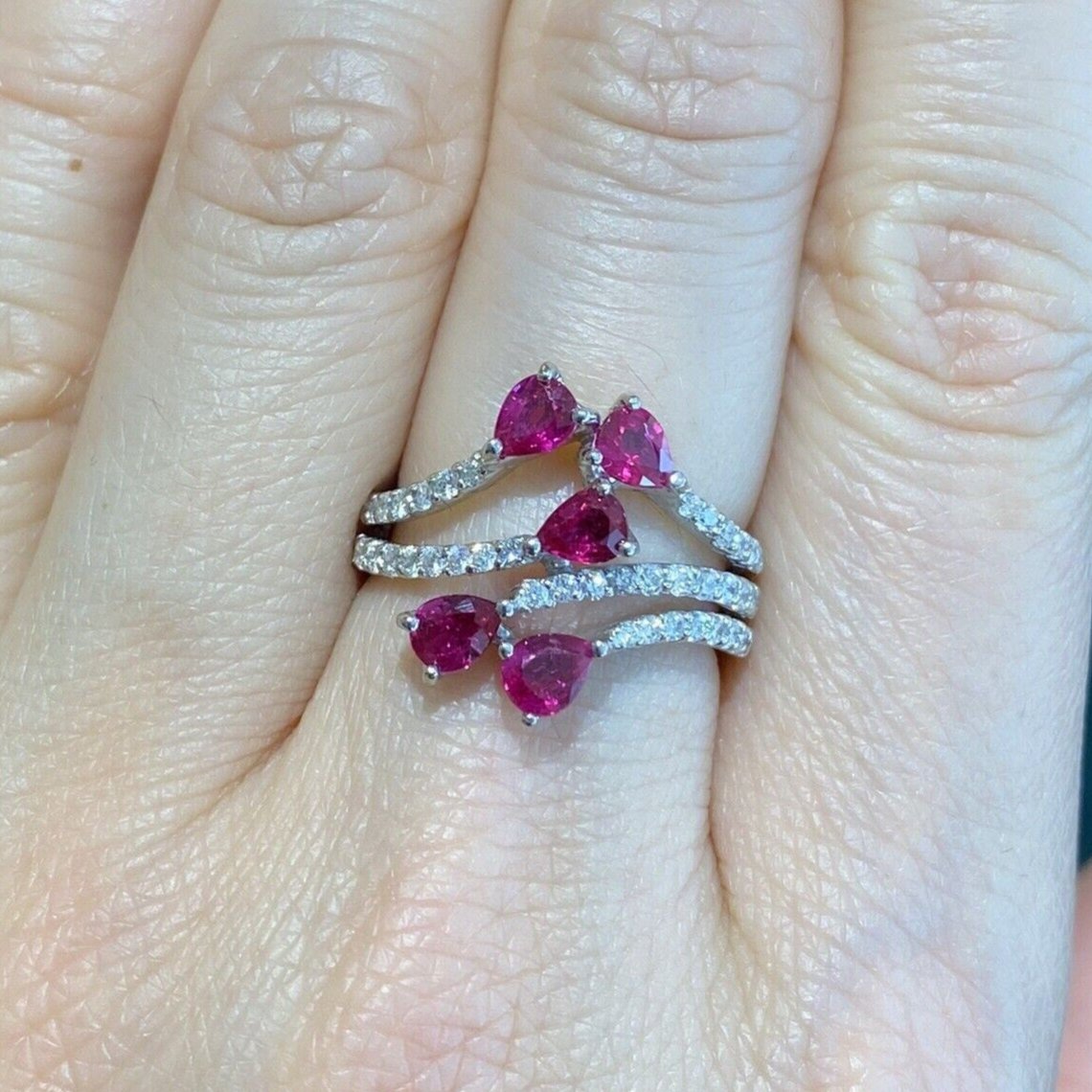 Ruby and Diamond Cluster Ring with Pear Shaped Rubies in Platinum