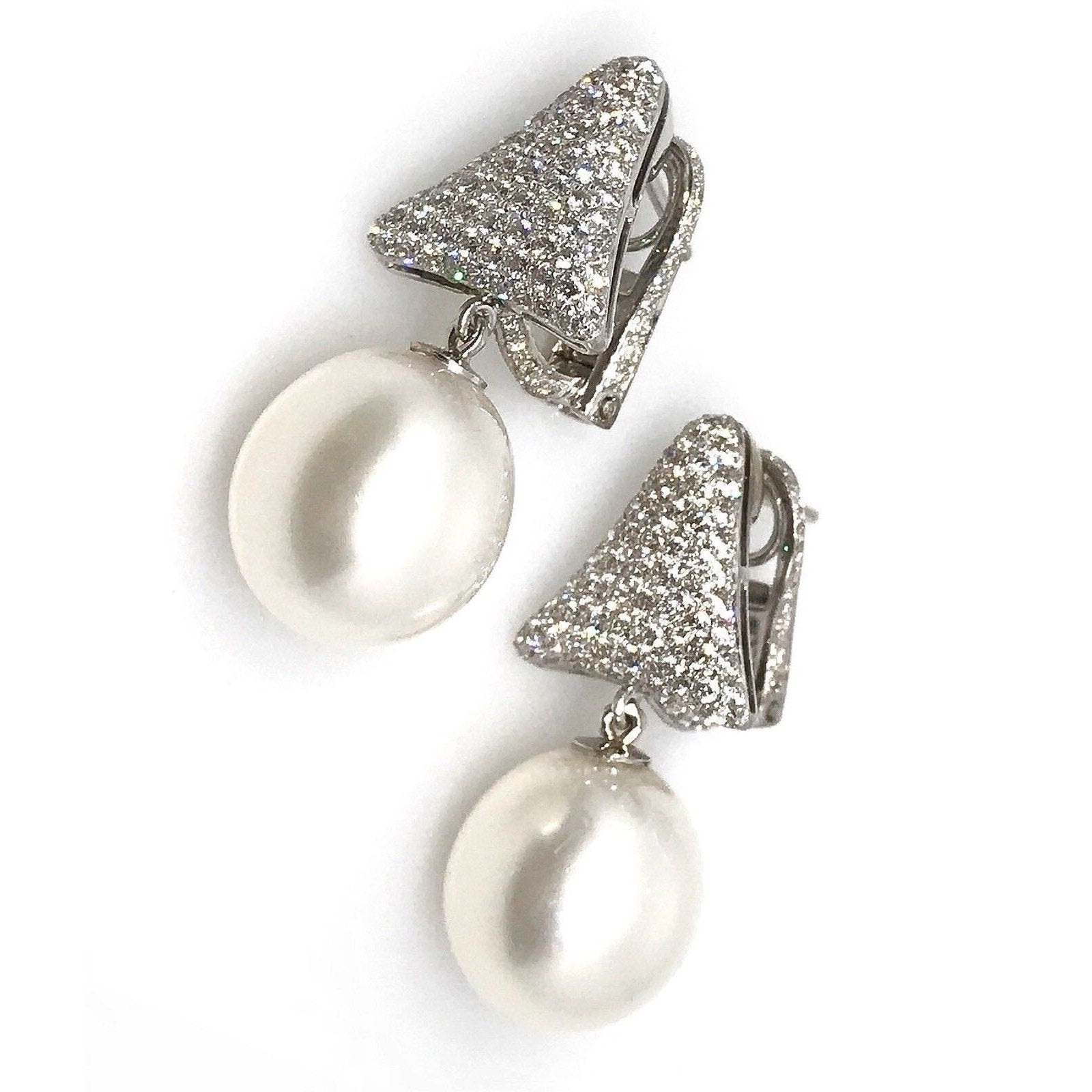 South Sea Pearl and Pave Diamond Drop Earrings in 18k White Gold