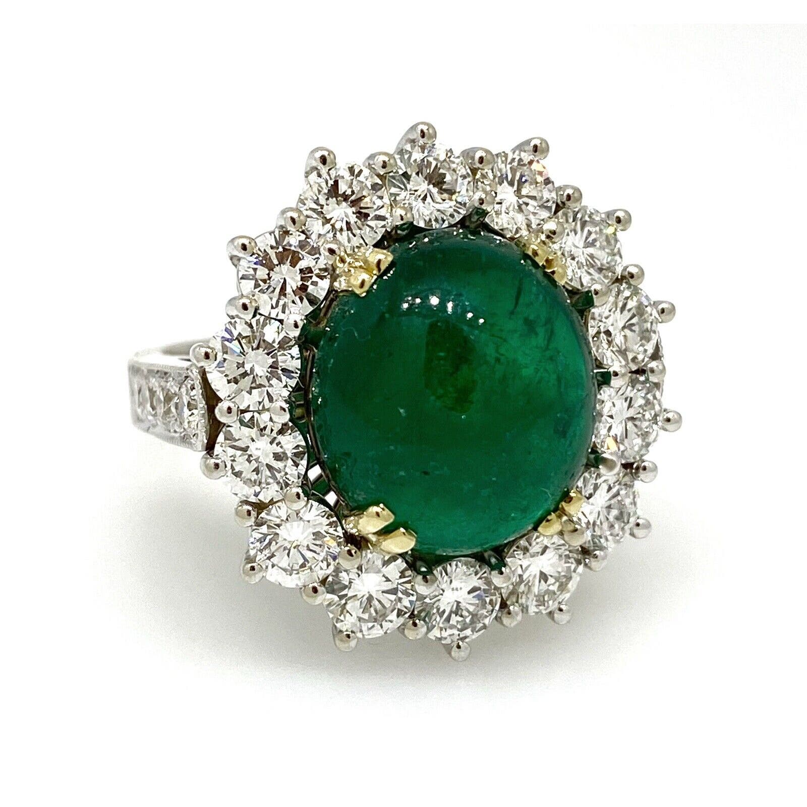 GIA Colombian 9 ct Emerald Cabochon & Diamond Ring in 18K White Gold - HM2316E