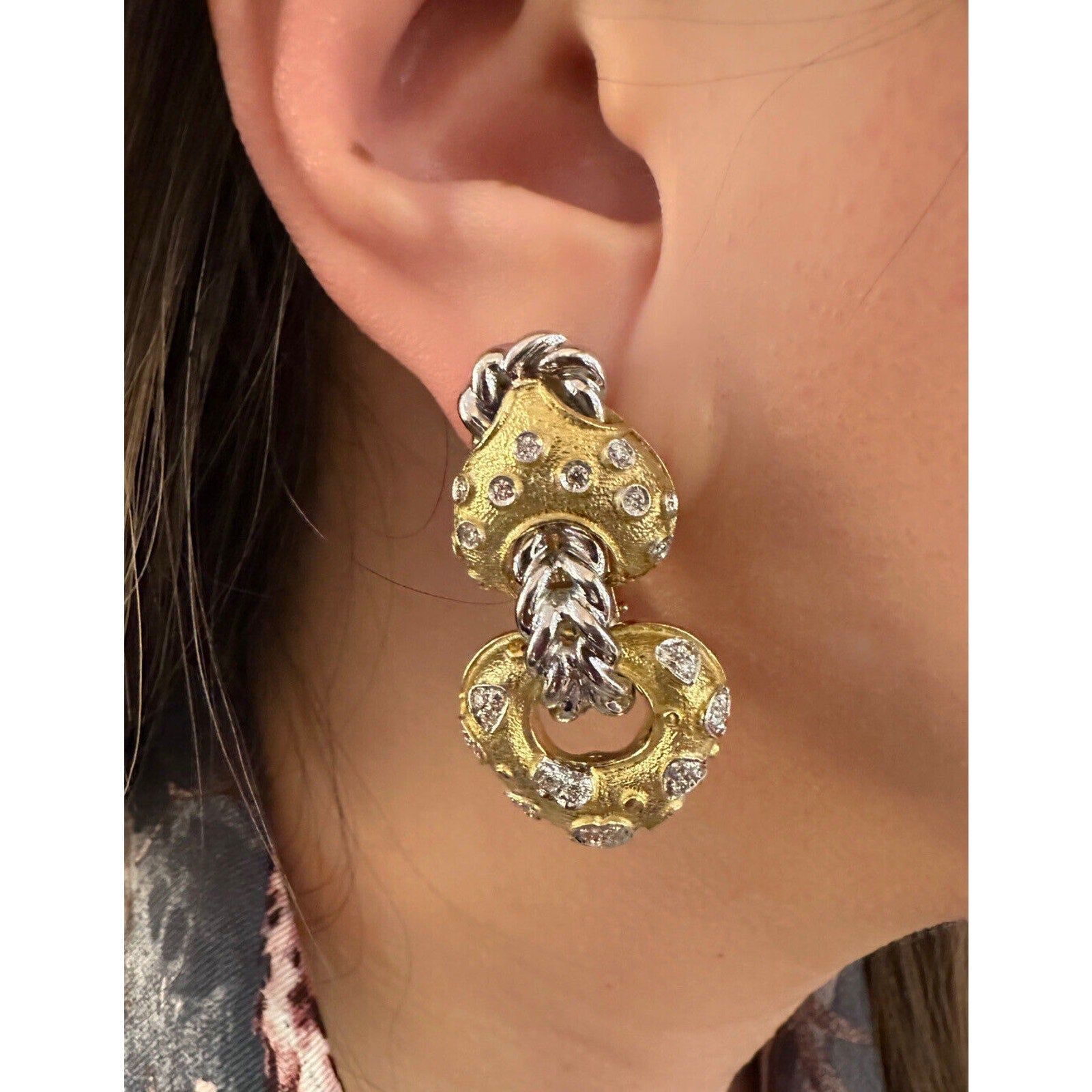 ITALIAN Diamond Heart Drop Earrings in 18k Yellow & White Gold - HM2452AB