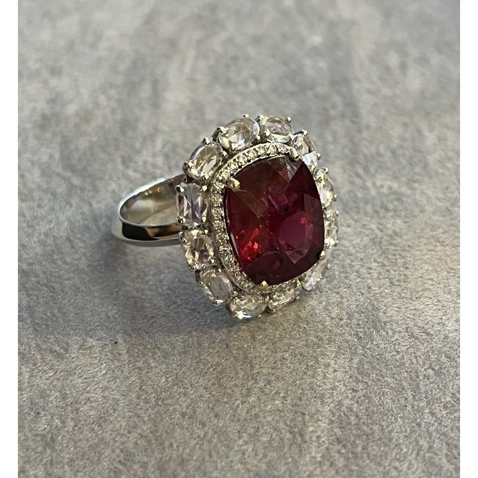 Natural Rubellite and Diamond Ring in 18k White Gold