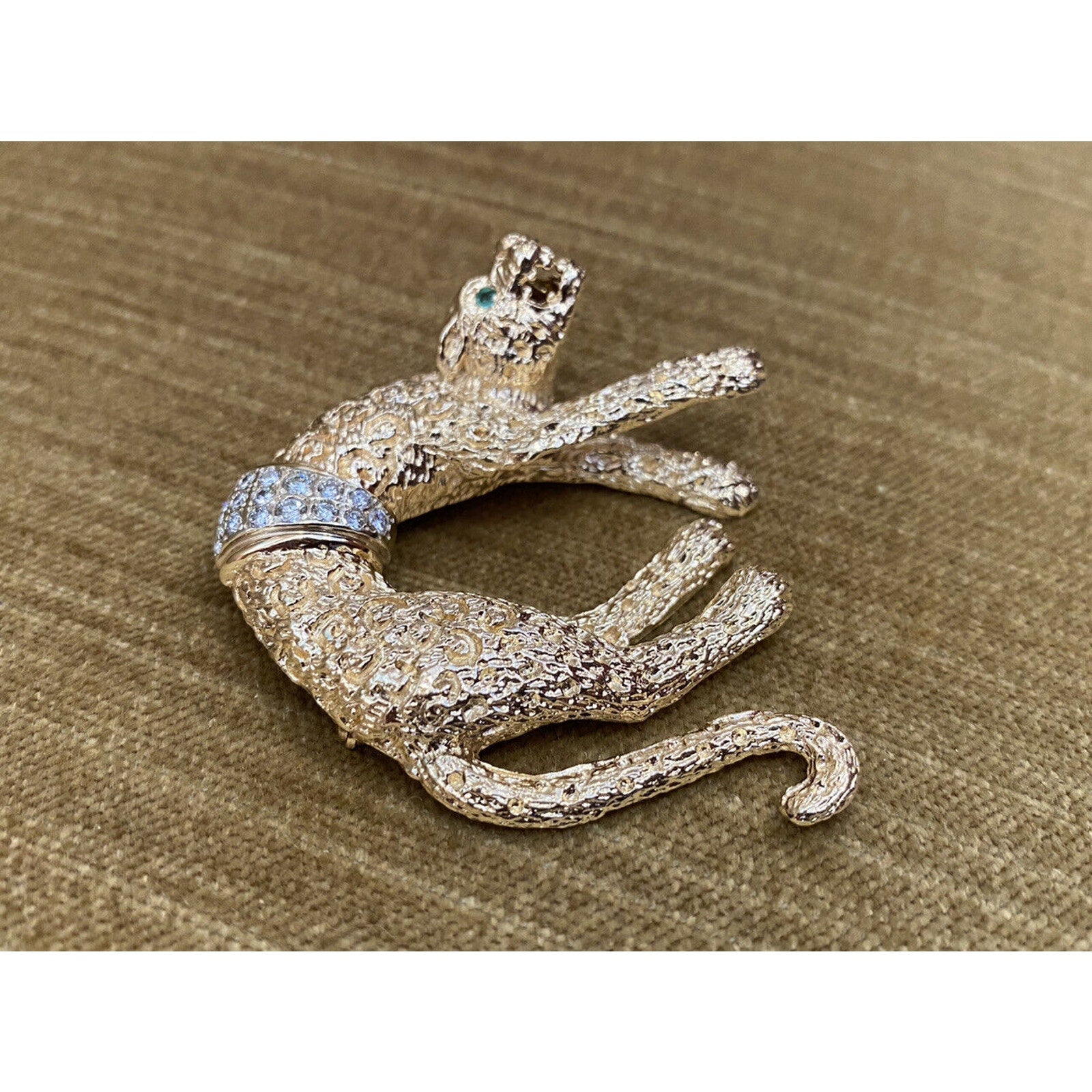 Large Hanging Panther Pin Brooch with Diamonds in 14k Yellow Gold