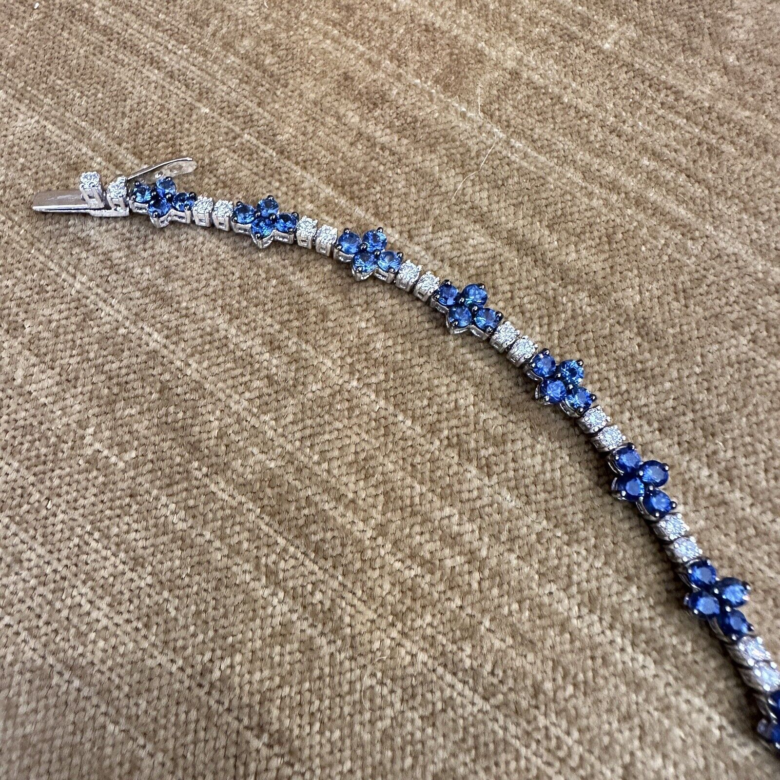 Blue Sapphire and Diamond Line Bracelet in 18k White Gold