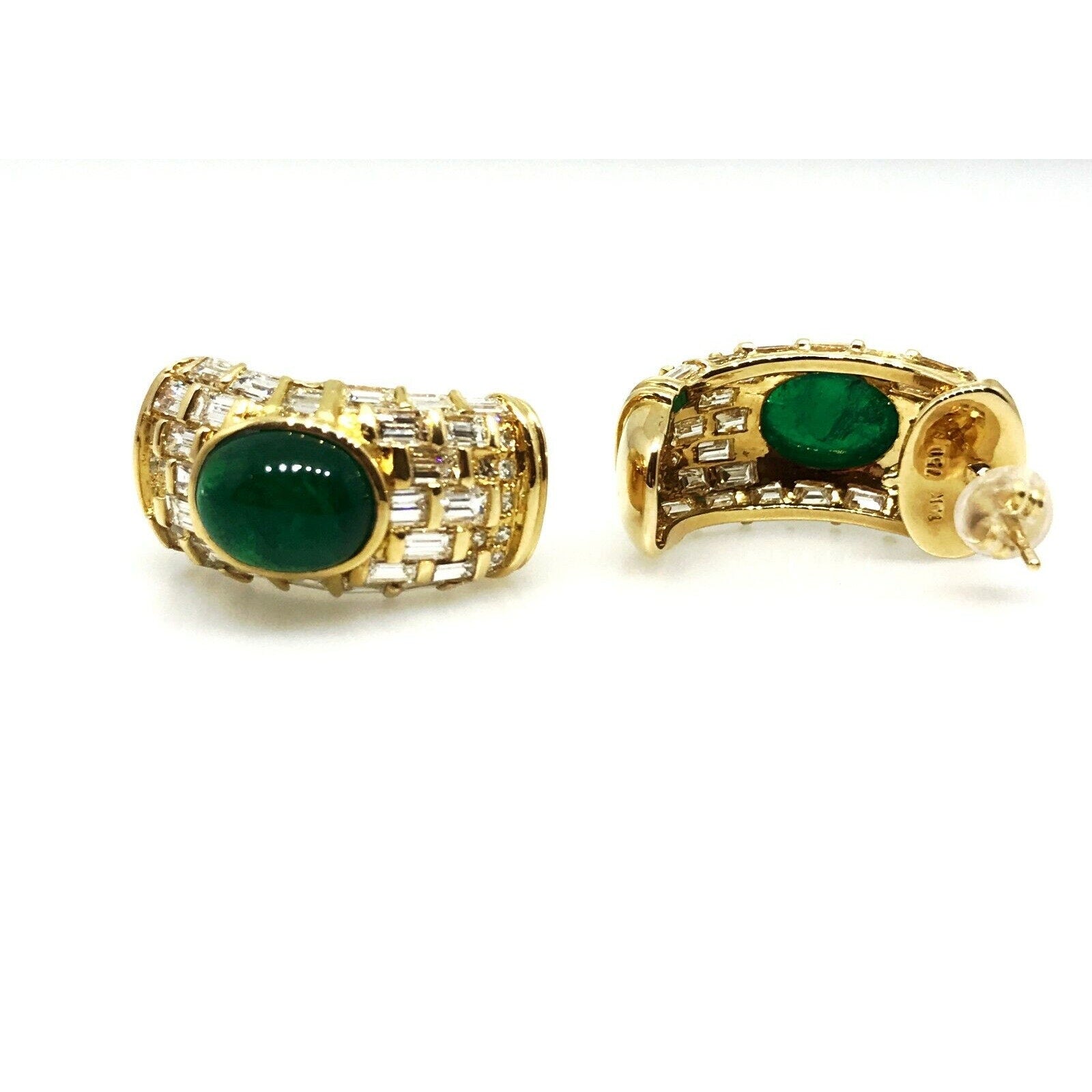 Estate Emerald and Diamond Half Hoop Earrings in 18k Yellow Gold