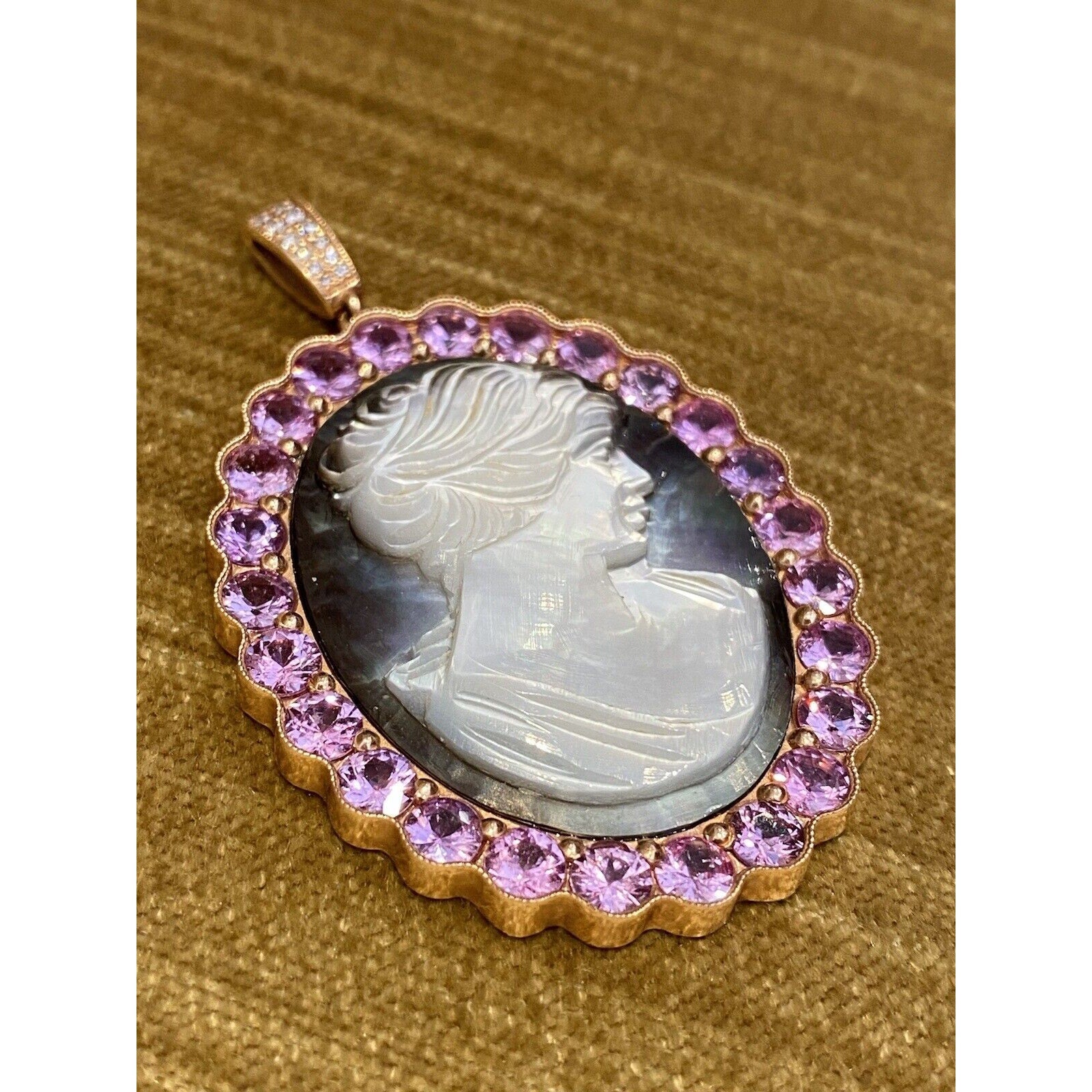 Mother of Pearl Cameo & Pink Sapphire Diamond Pendant in 14K Rose Gold