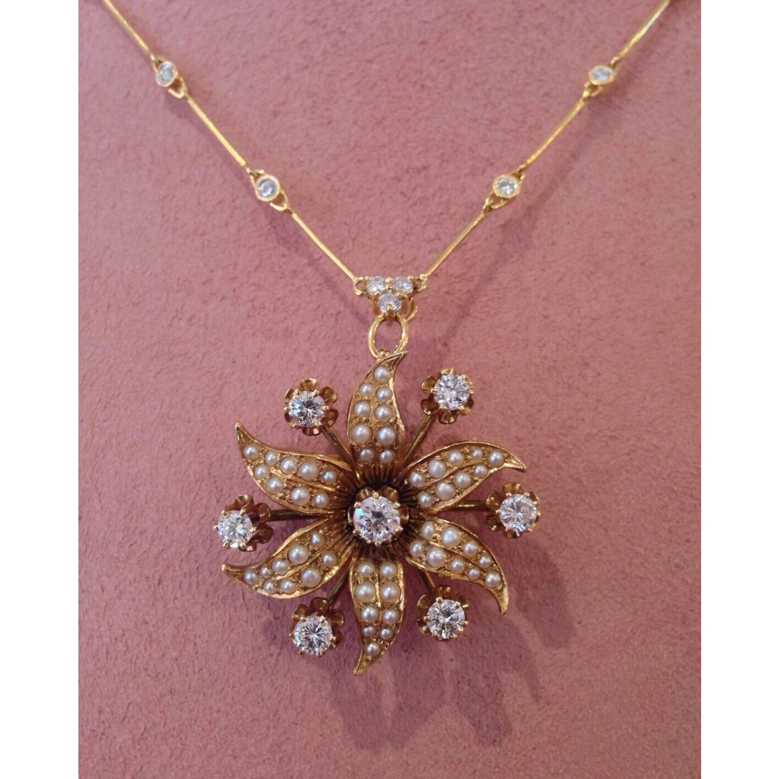 Pearl and Diamond Flower Pin/ Pendant Necklace in14k/18k Yellow Gold