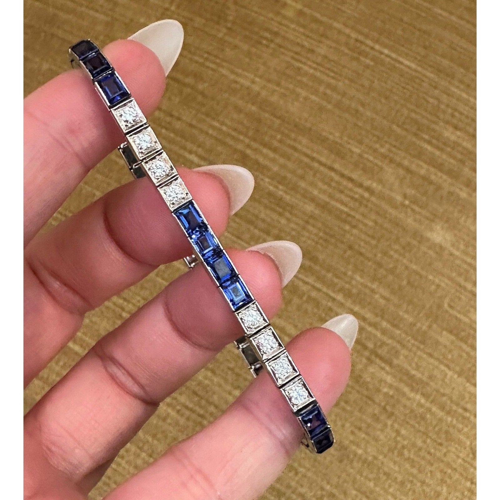 Vintage Diamond and Synthetic Sapphire Line Bracelet in 14k White Gold