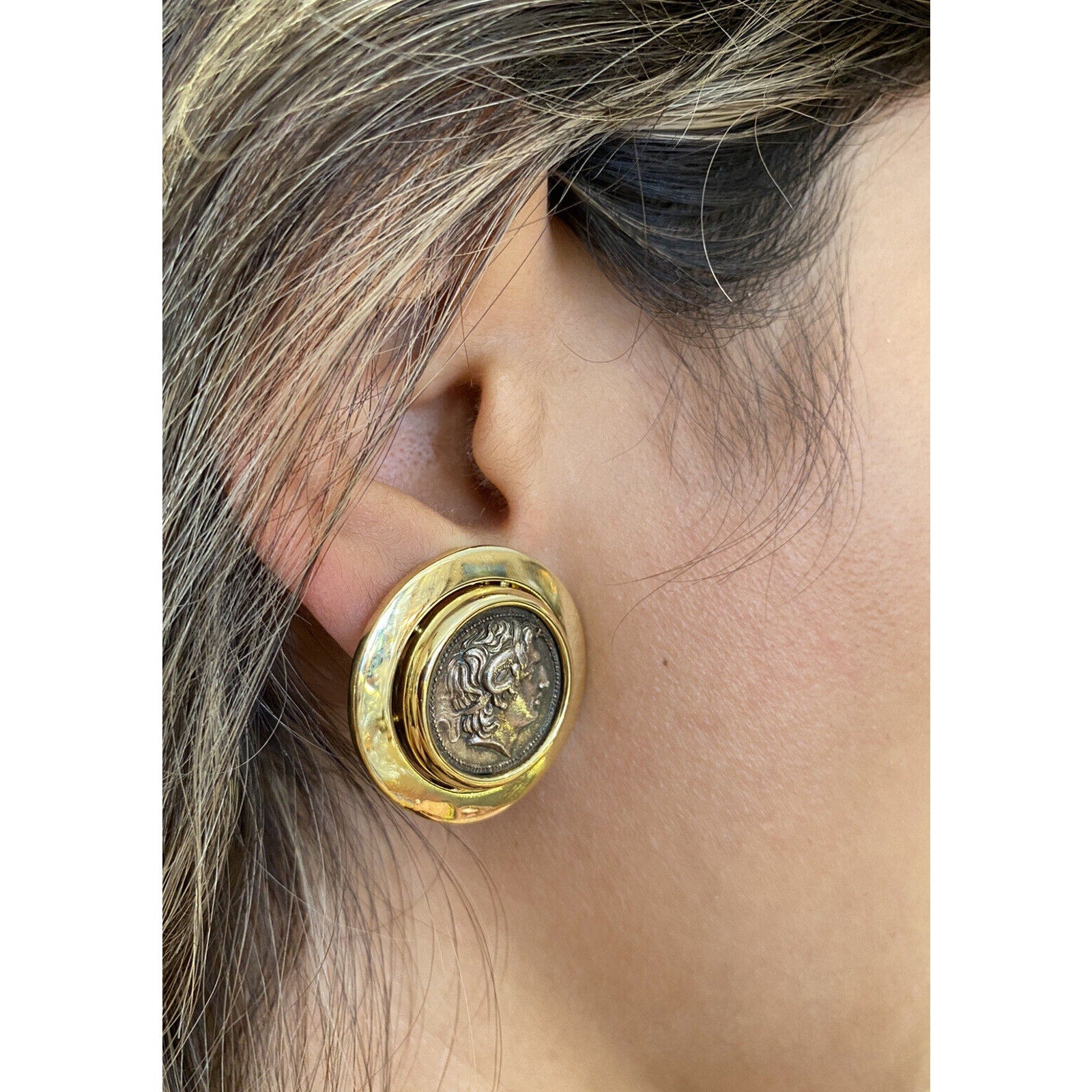 Vintage Large Ancient Coin Button Earrings in 18k Yellow Gold