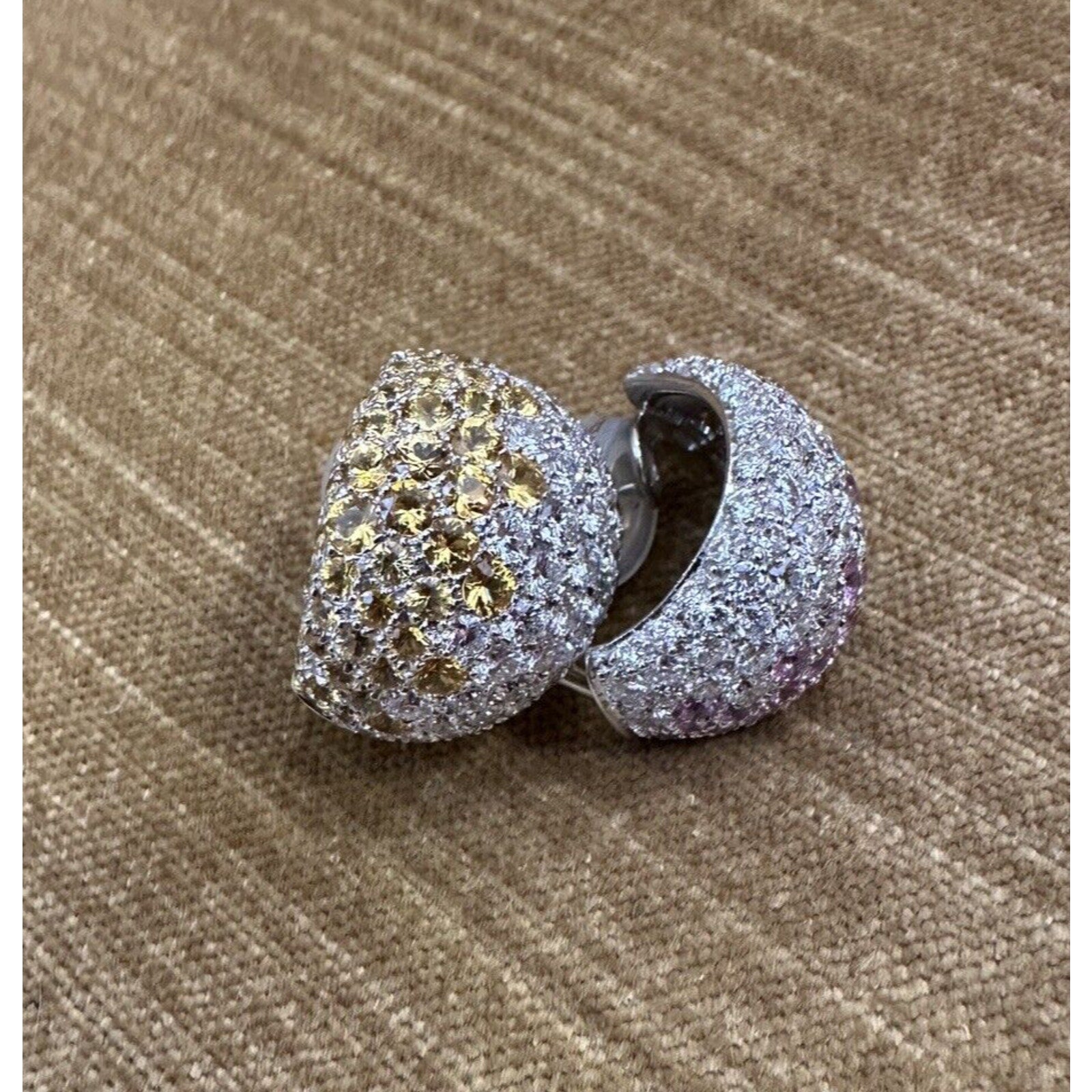 Diamond & Pink/Yellow Sapphire Dome Half-hoop Earrings 18k White Gold - HM1456AR
