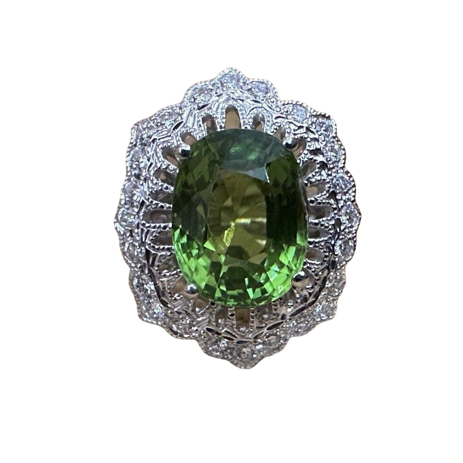 Oval Peridot 7.39 ct and Diamond Cocktail Ring in Platinum