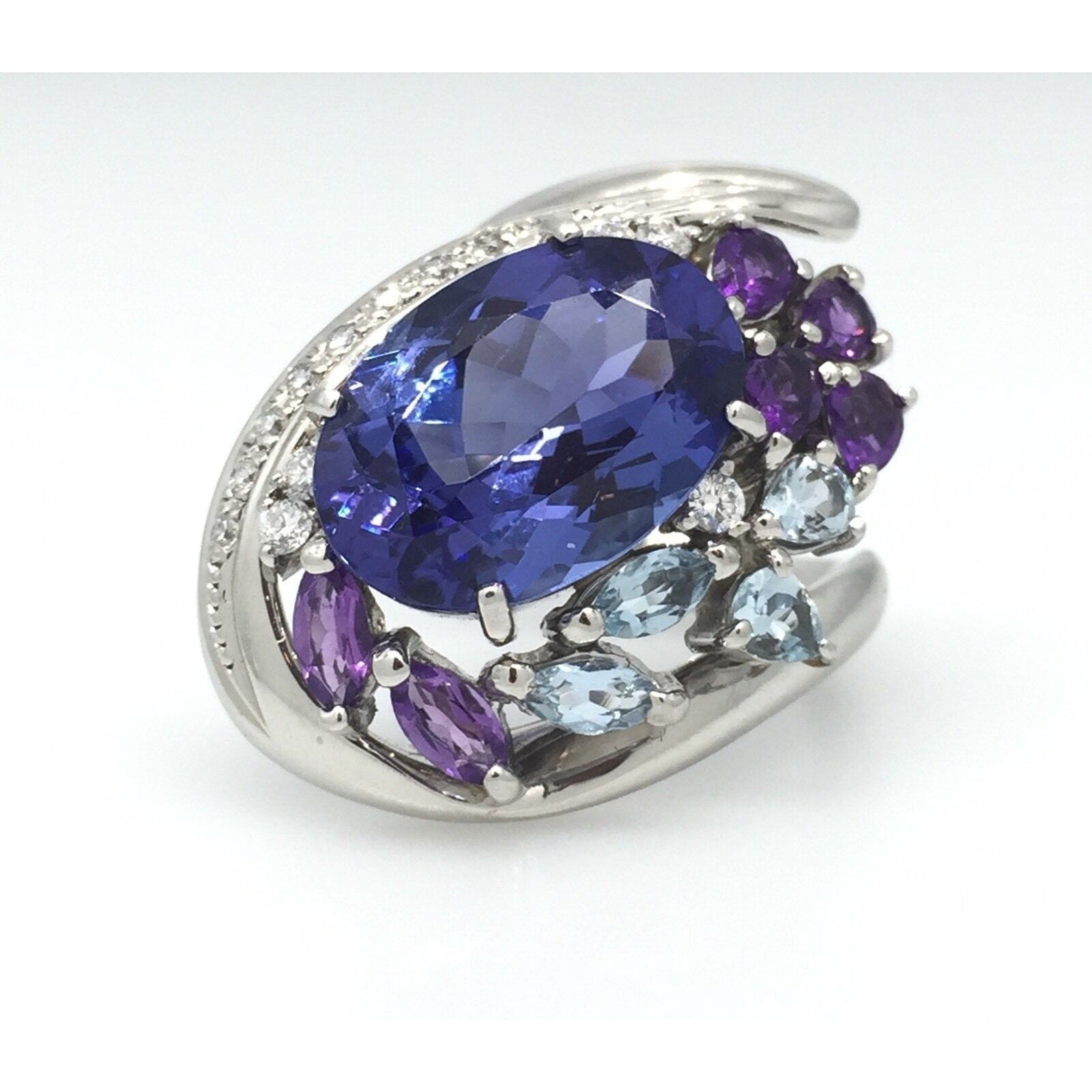 7.39 carat Tanzanite, Aquamarine Amethyst and Diamond Ring in Platinum