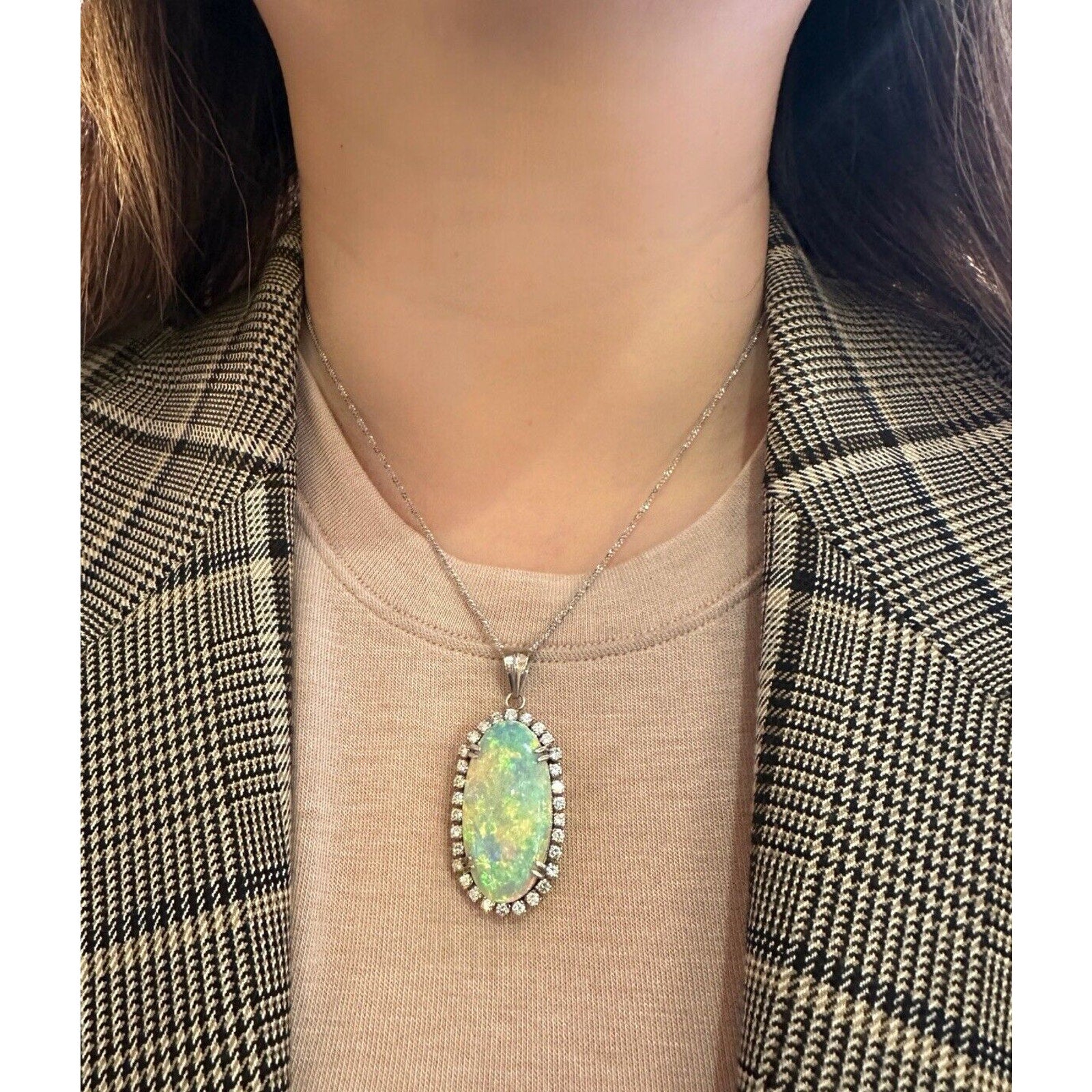 Large Opal with Diamond Halo Pendant in Platinum on Chain