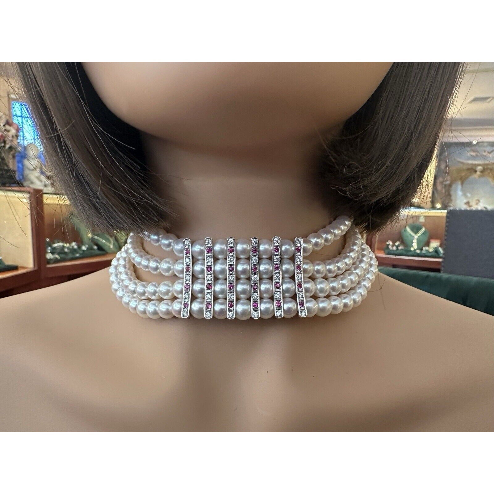 4 Row Pearl Choker Necklace with Rubies & Diamonds in Platinum