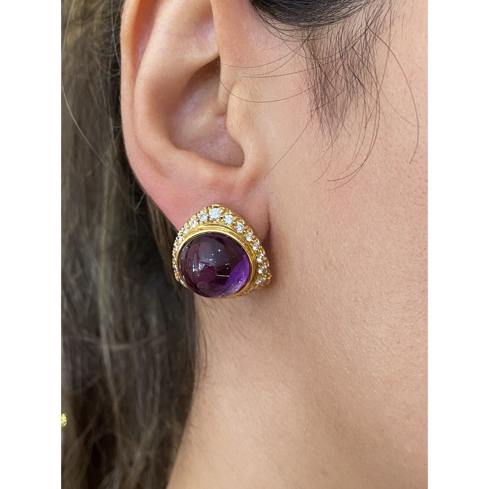 Round Amethyst Cabochon & Diamond Button Earrings in 18k Yellow Gold