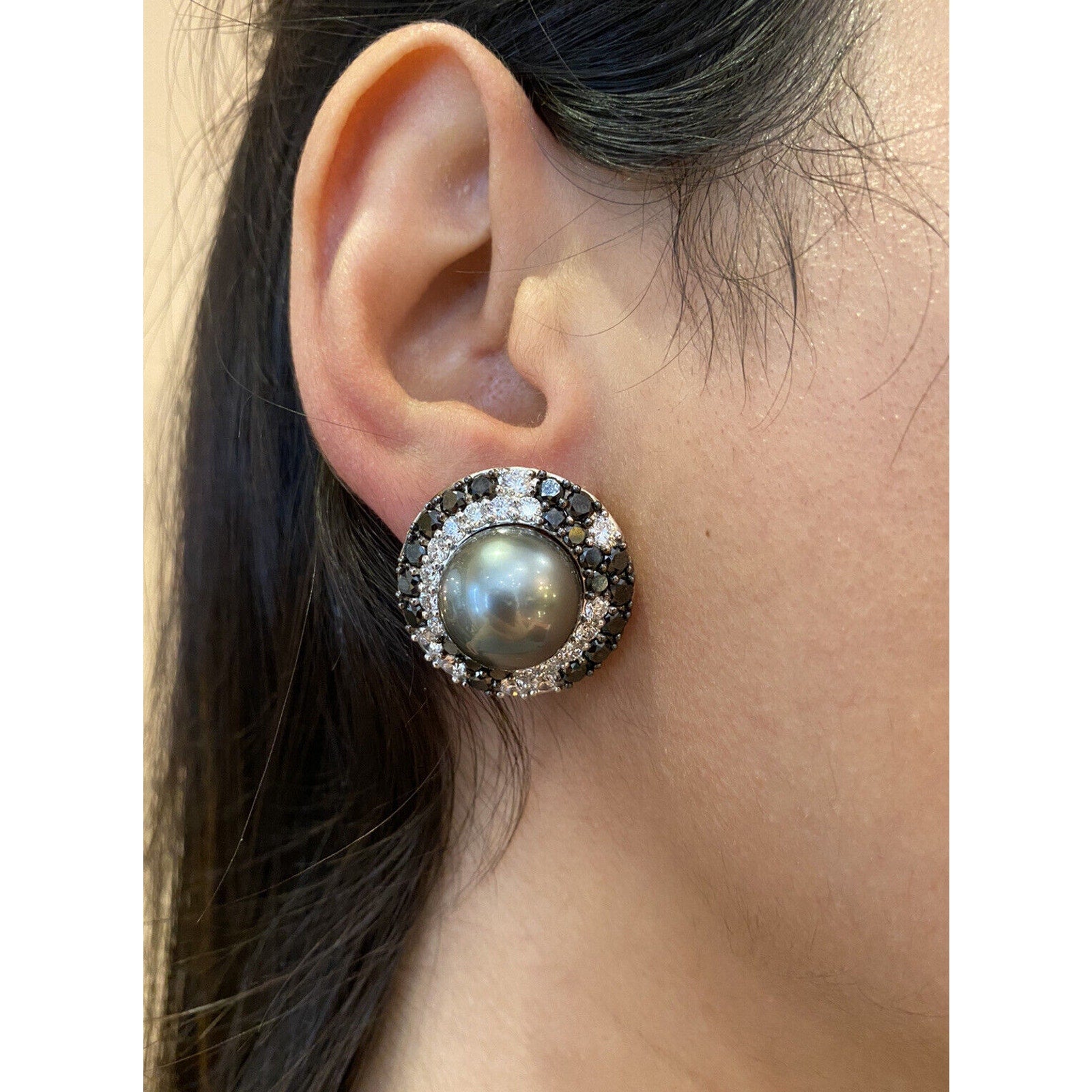 Tahitian Black Pearl Earrings w/ Black & White Diamonds in 18k White Gold