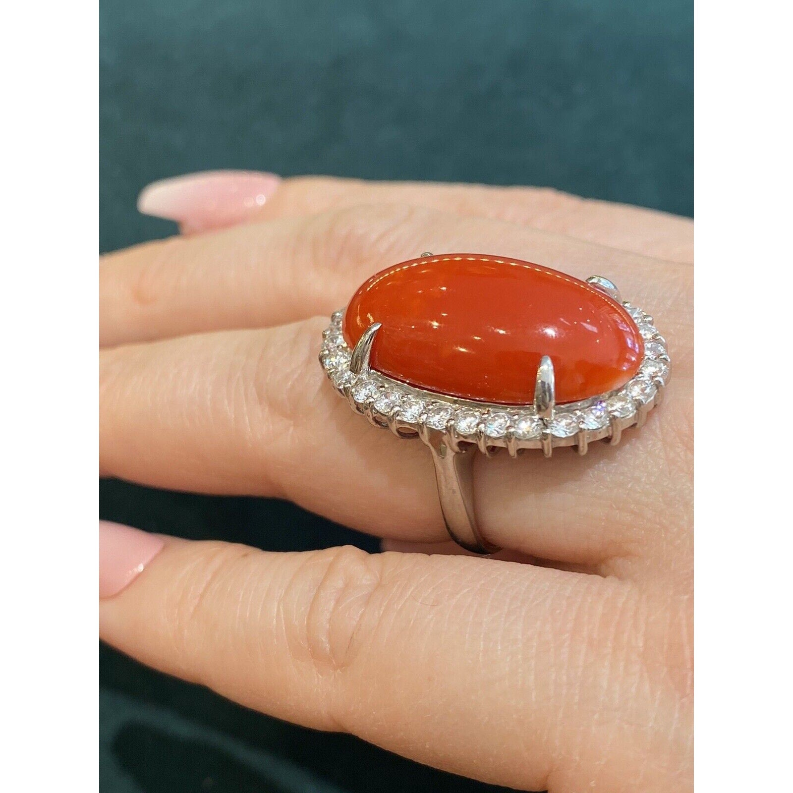 Estate 22.95 cts Red Coral and Diamond Large Cocktail Ring in Platinum -HM2318AA