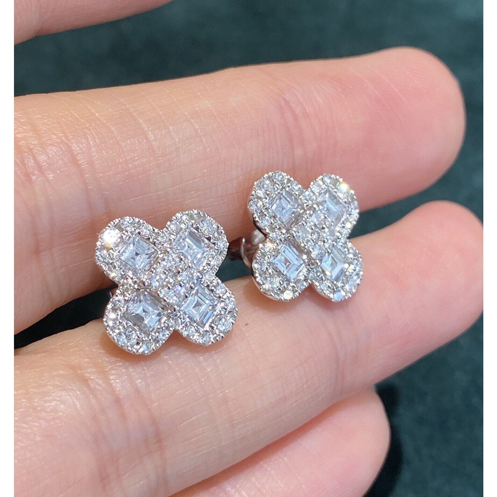 Diamond Clover Flower Earrings 2 cttw in 18k White Gold