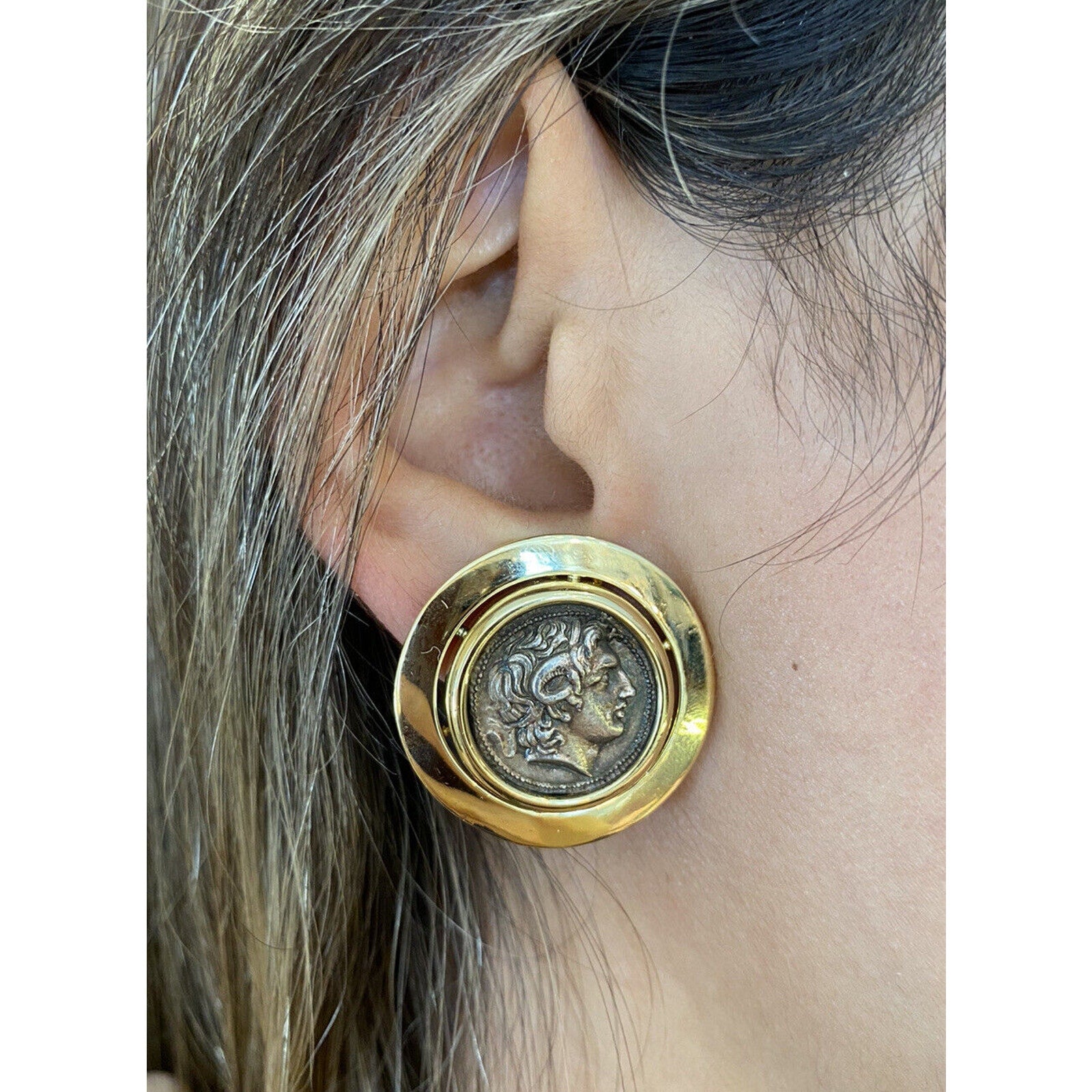 Vintage Large Ancient Coin Button Earrings in 18k Yellow Gold
