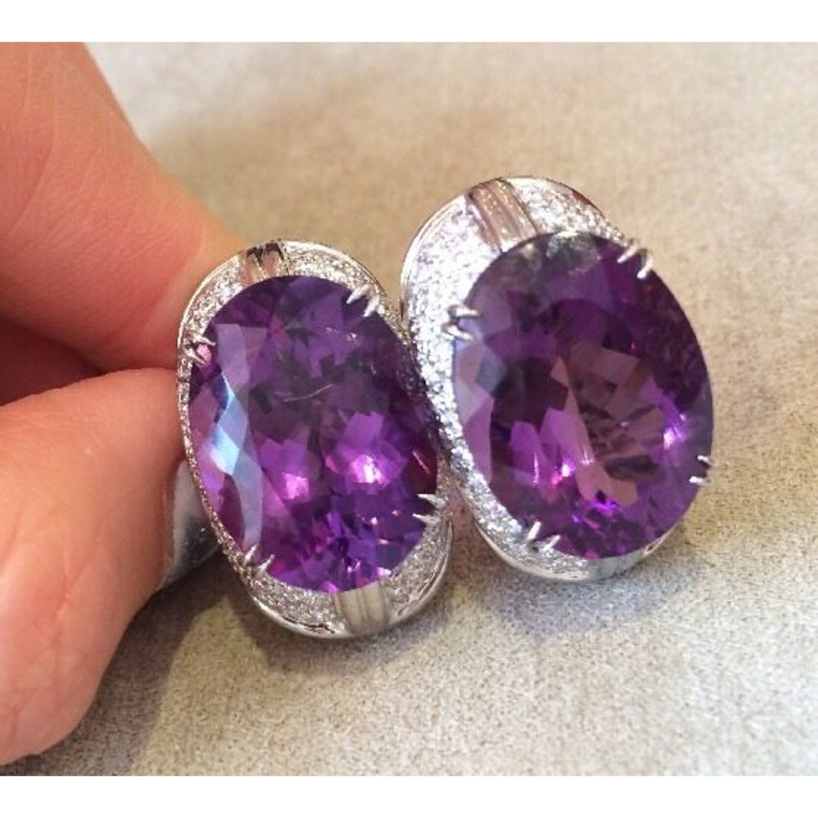 37.26 carat Oval Amethyst and Pave Diamond Earrings in 18K White Gold