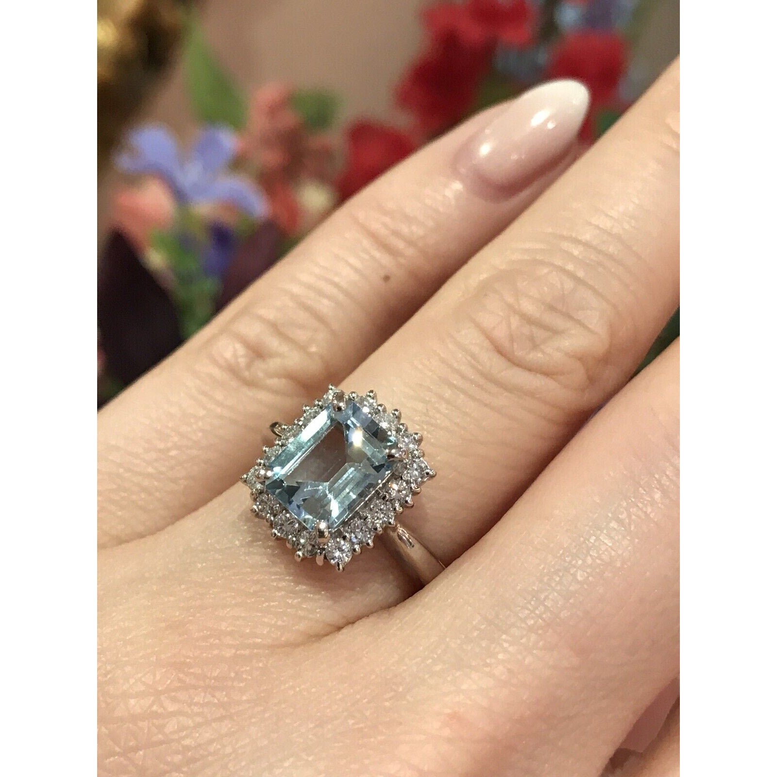 2.08 carat Emerald Cut Aquamarine & Diamond Halo Ring in Platinum