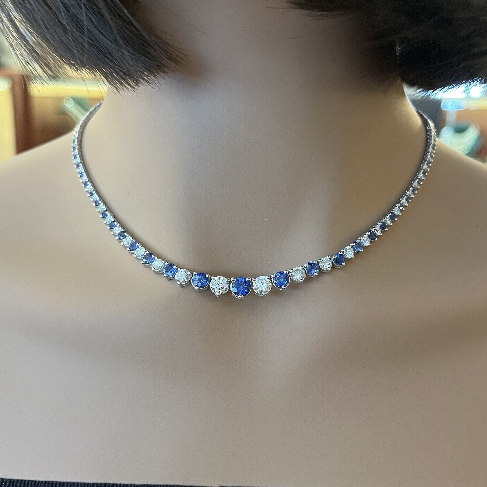 Sapphire & Diamond Riviera Tennis Necklace 17" in 18k White Gold