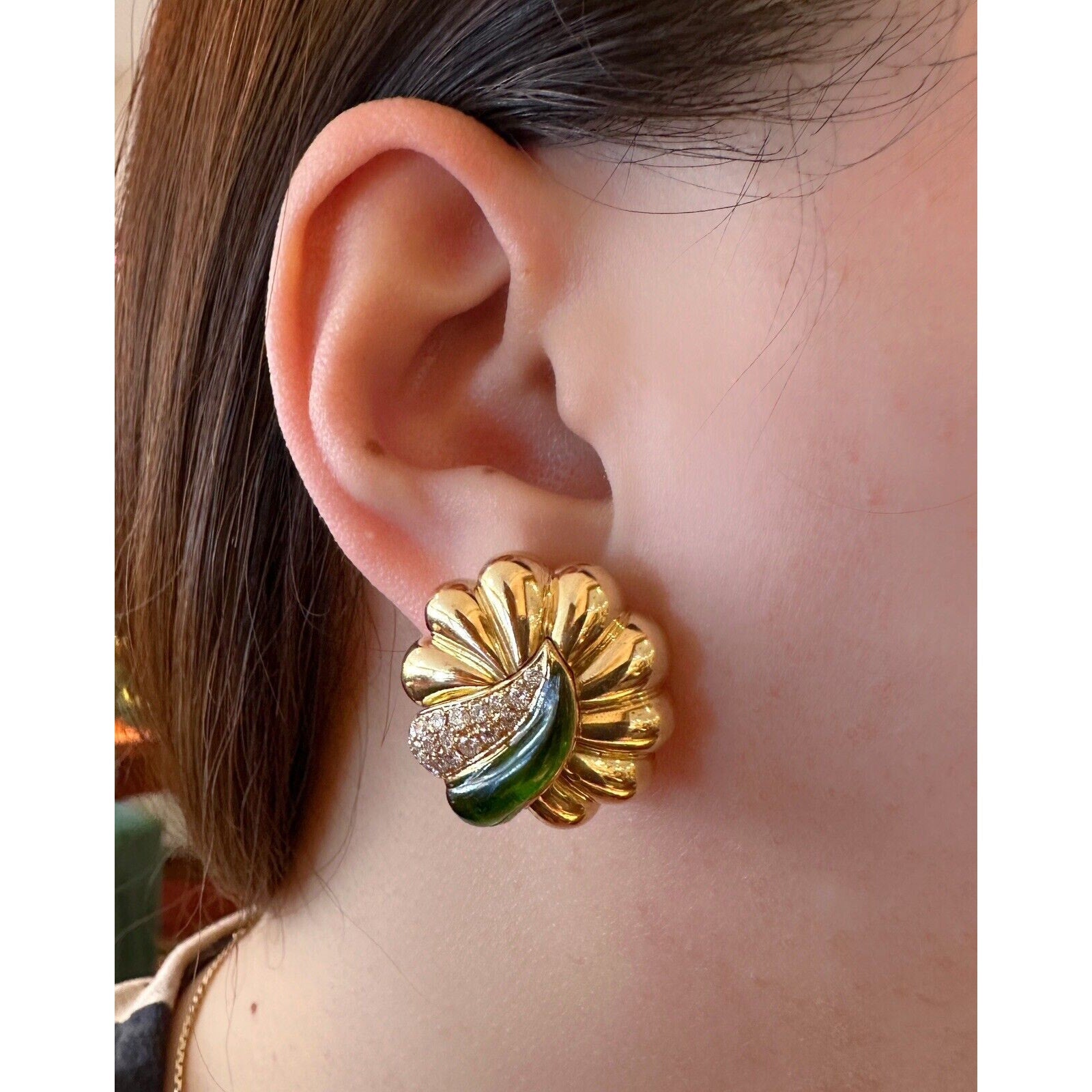 Green Enamel & Diamond Scallop Earrings in 18k Yellow Gold
