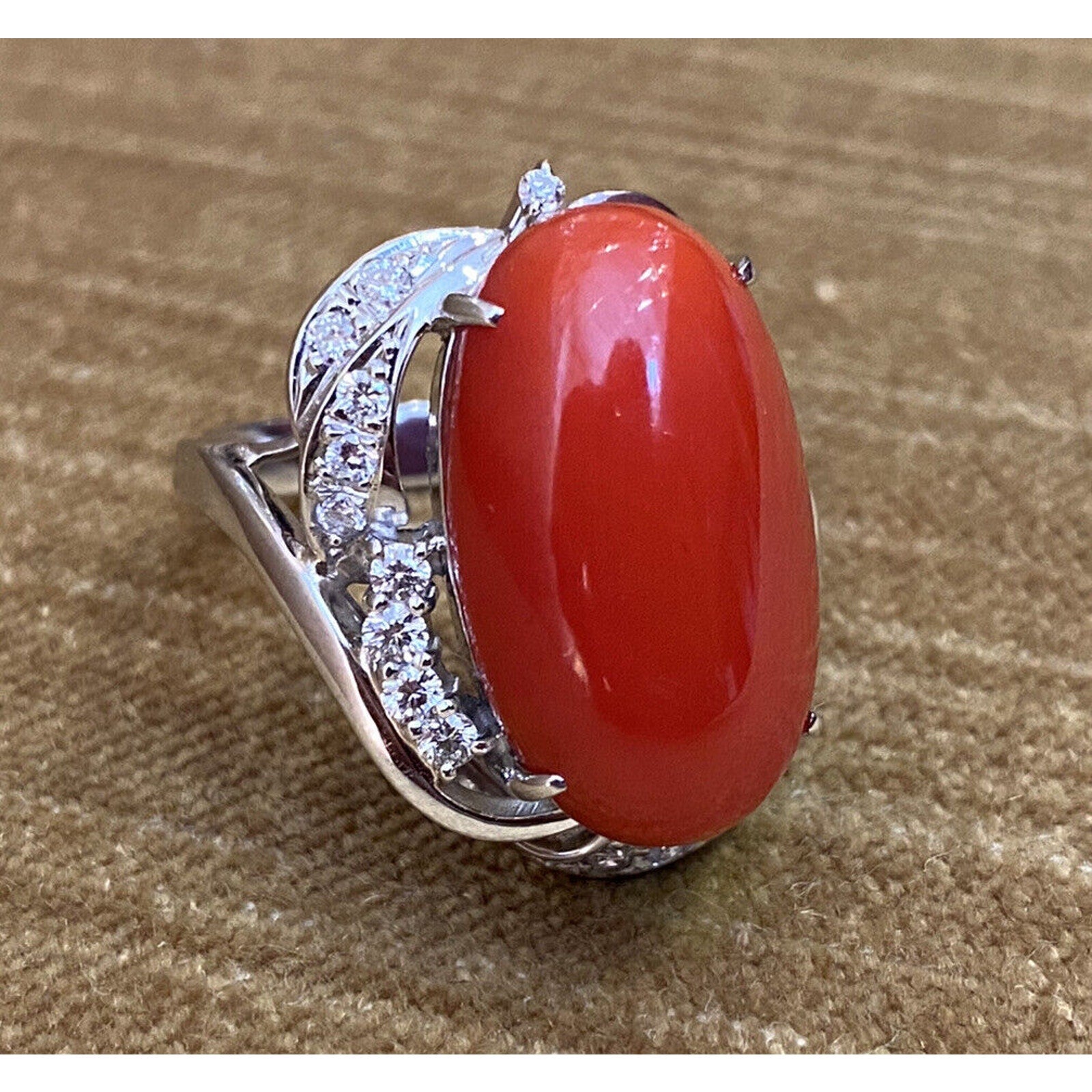 Estate Oval Coral and Diamond Cocktail Ring in Platinum