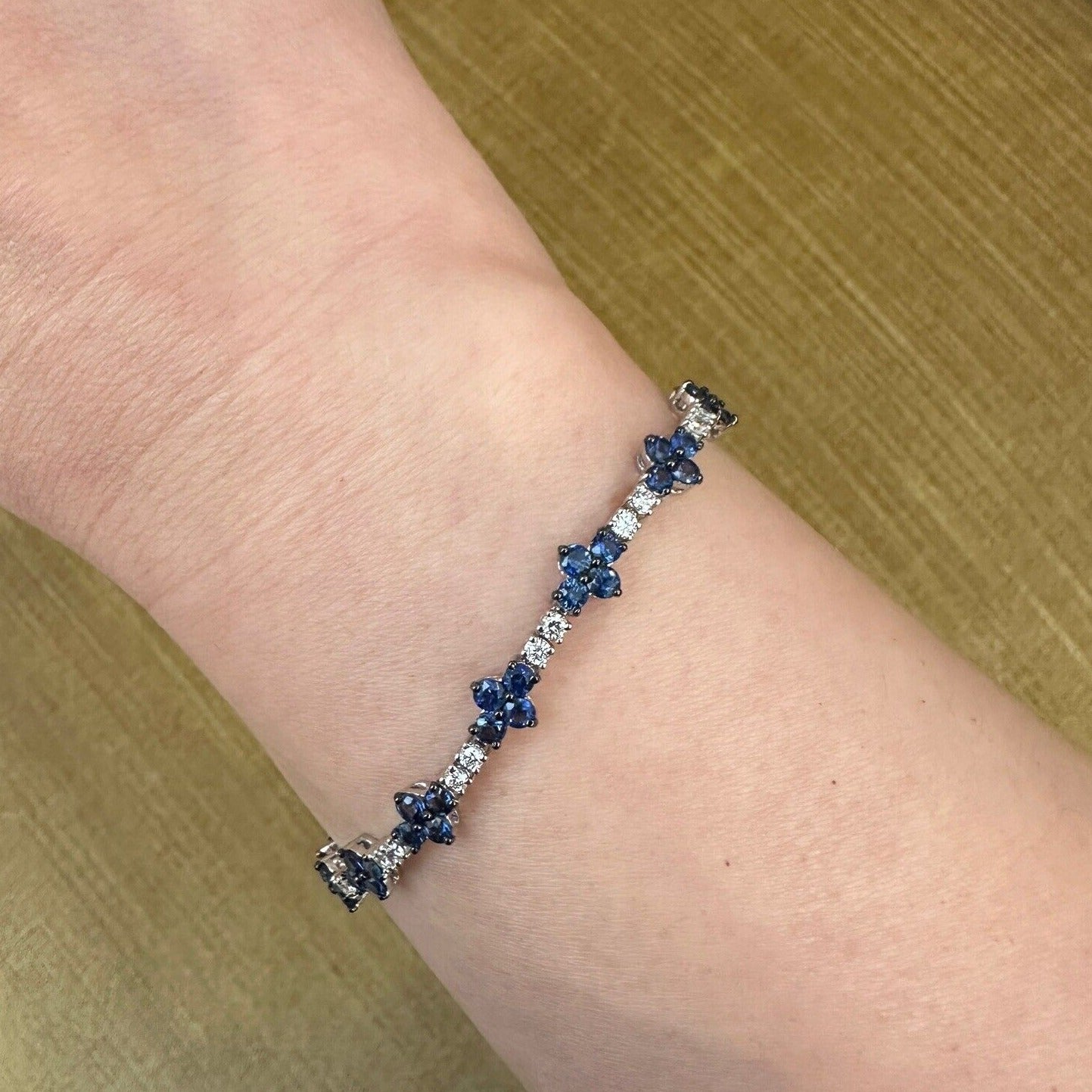 Blue Sapphire and Diamond Line Bracelet in 18k White Gold