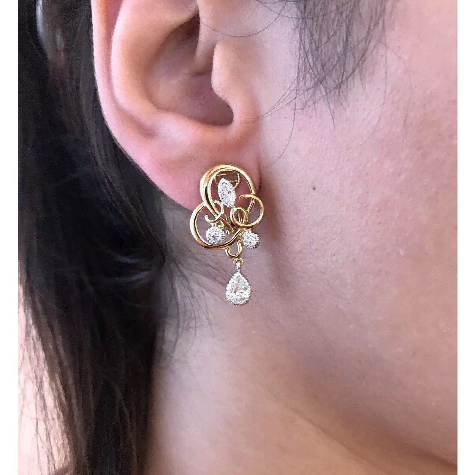 Diamond Swirl Earrings with Pear Shaped Drops in Platinum/18k Yellow Gold