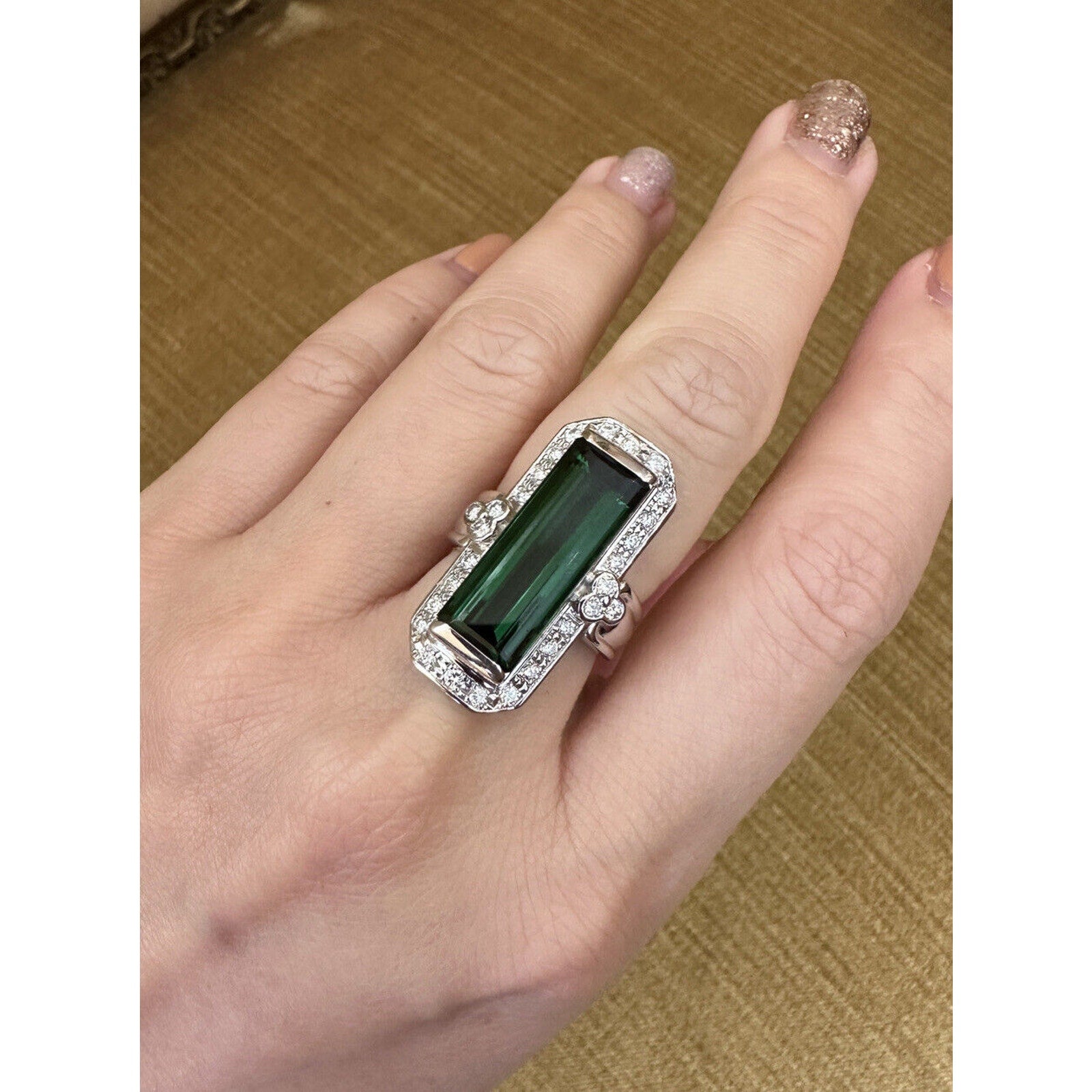 10.33 carat Elongated Green Tourmaline Ring w/ Diamonds in Platinum
