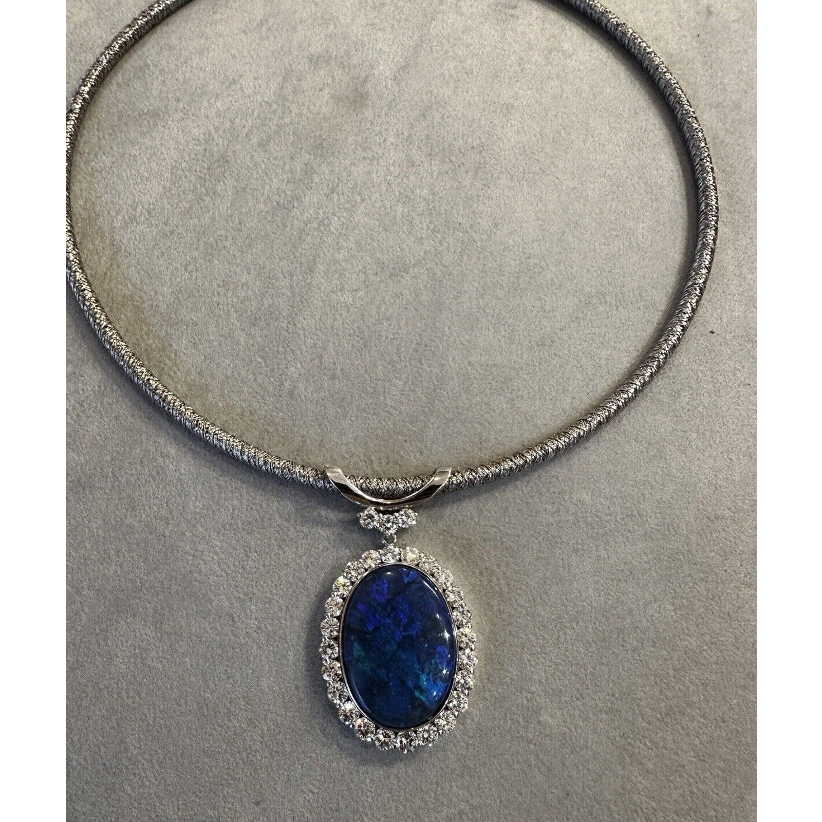 Large Black Opal and Diamond Pendant Necklace in Platinum/18k Gold