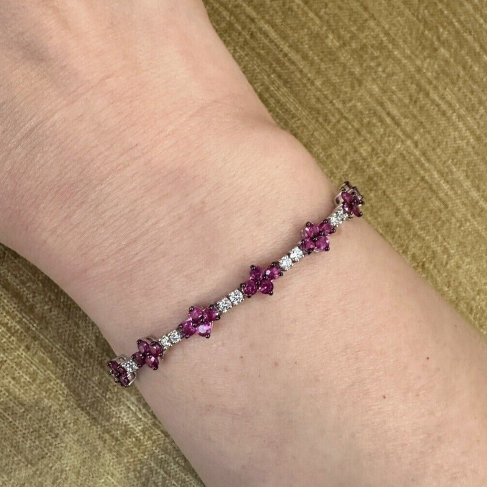 Pink Sapphire and Diamond Line Bracelet in 18k White Gold