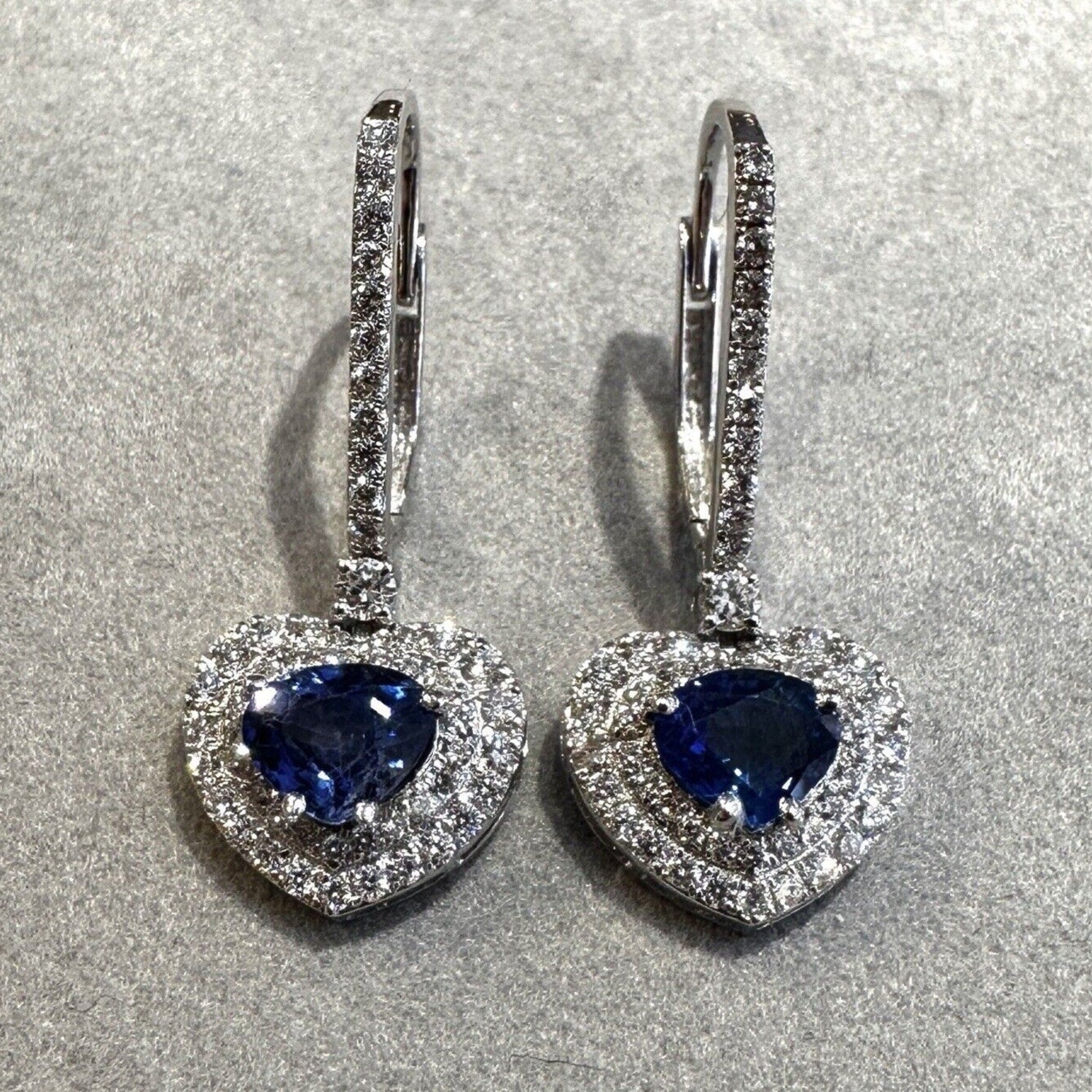 Heartshape Diamond and Sapphire Drop Earrings in 18k White Gold