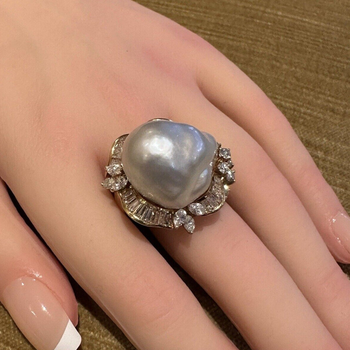 Large Estate Baroque Pearl and Diamond Ring in 18k Yellow Gold