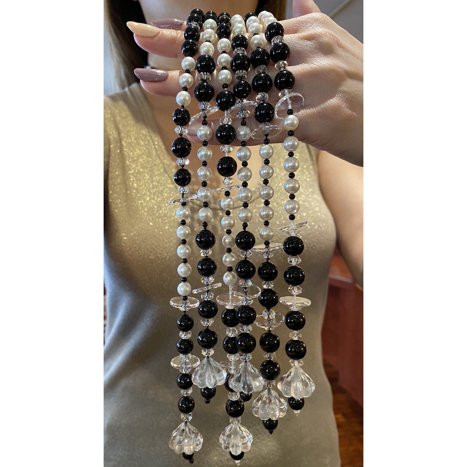 50" Multi-strand Pearl and Onyx Tassel Necklace with 18k White Gold Diamond Bar