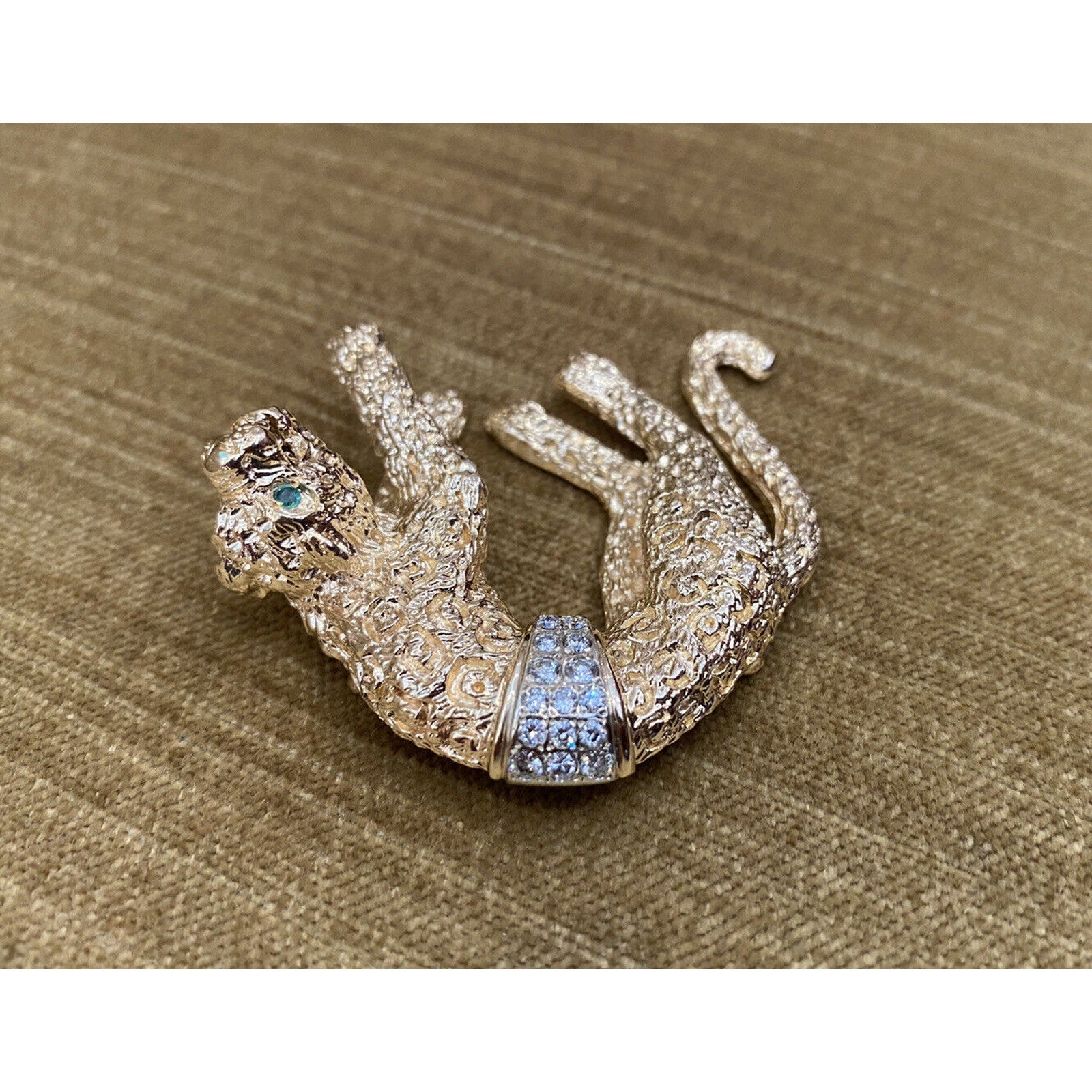 Large Hanging Panther Pin Brooch with Diamonds in 14k Yellow Gold