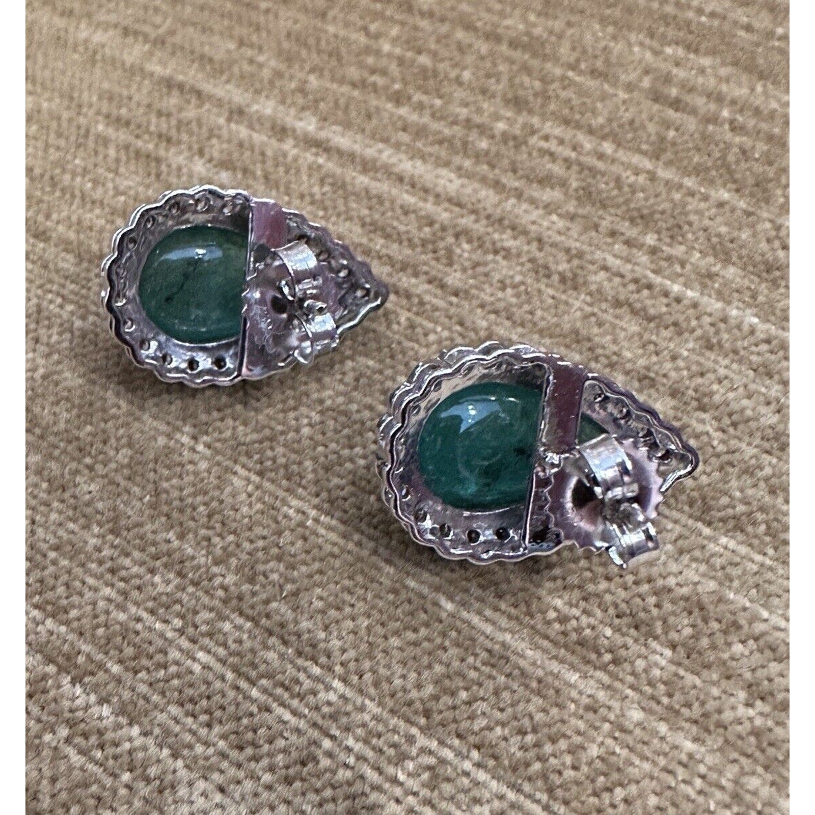 Emerald Cabochon Earrings with Diamonds in 18k White Gold