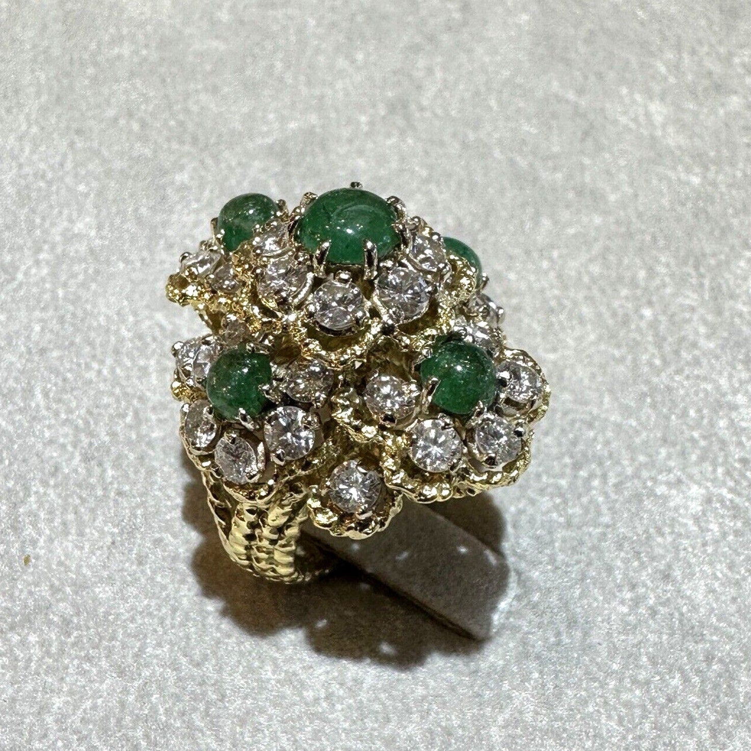 Estate Emerald and Diamond Floret Dome Ring in 18k Yellow Gold