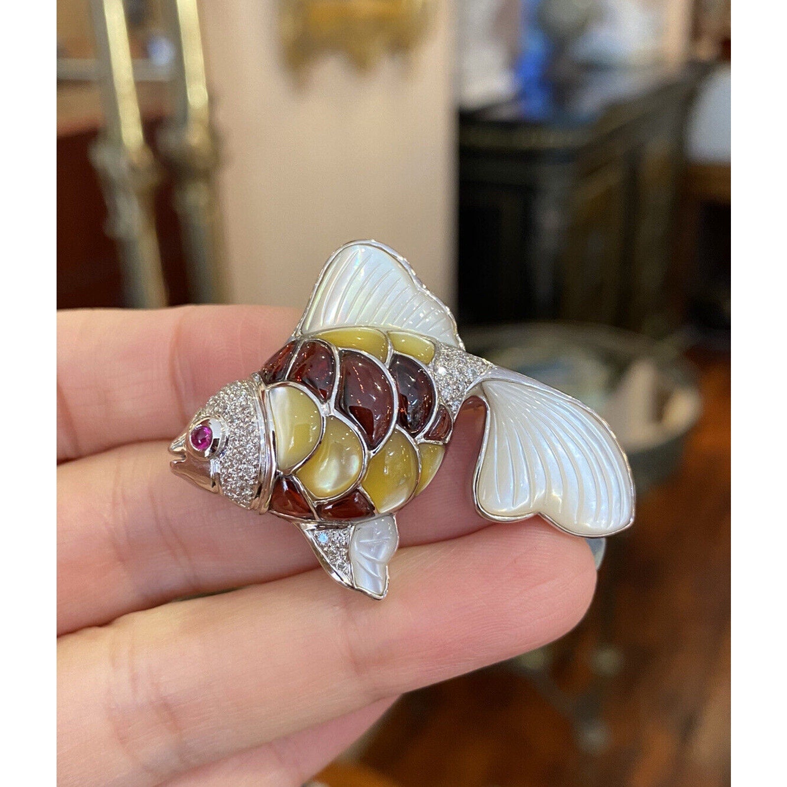 Diamond, Garnet, Mother of Pearl Fish Pin/Pendant in 18k White Gold