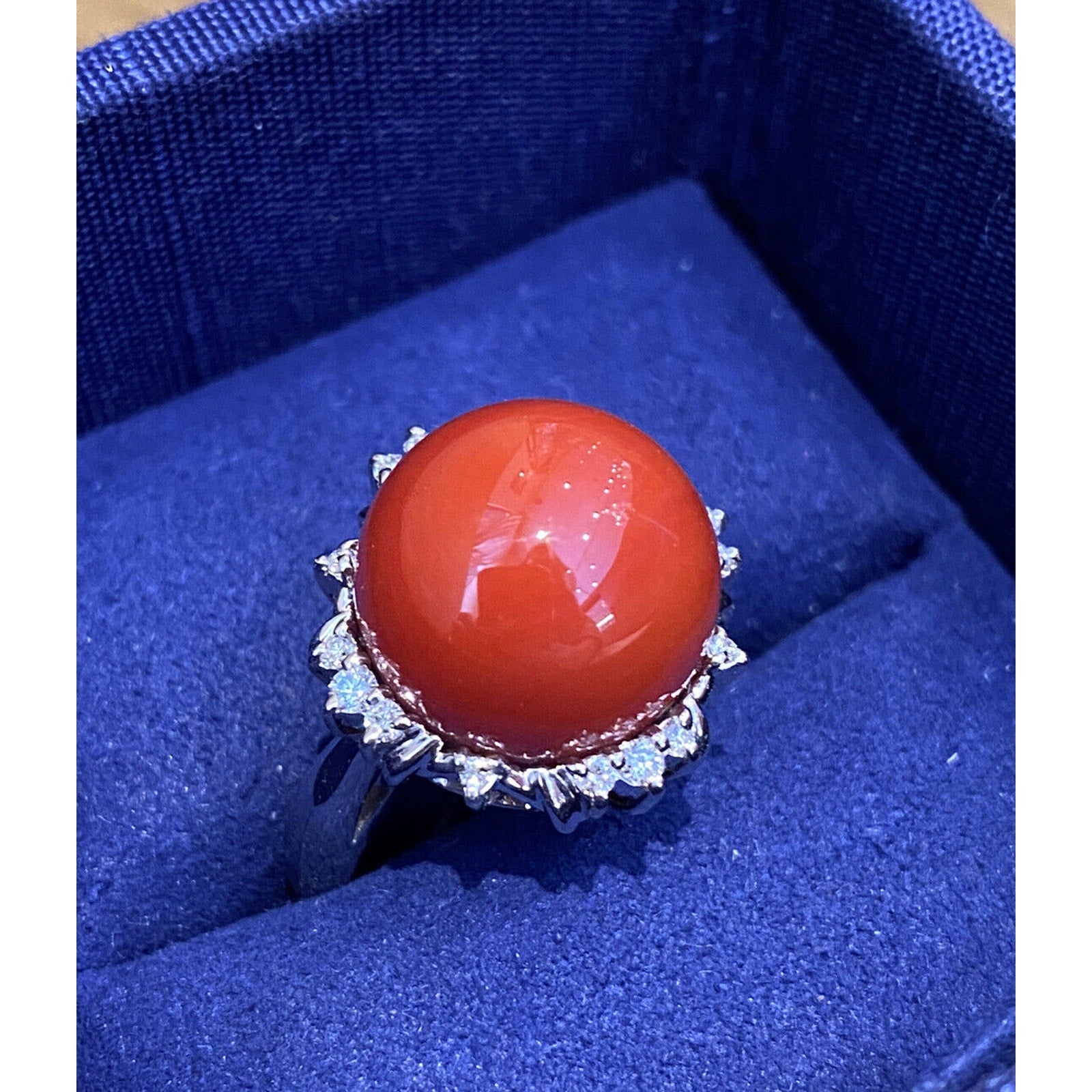 13mm Red Coral and Diamond Cocktail Ring in Platinum