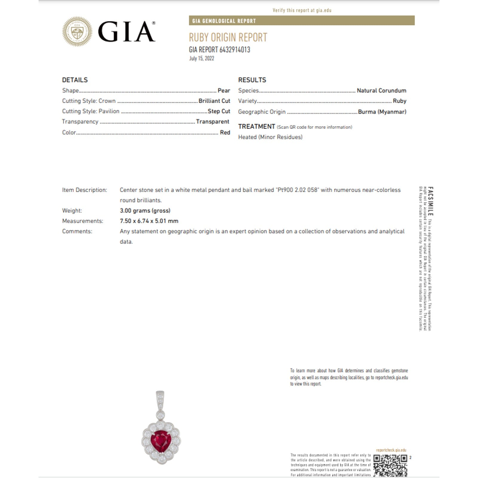 GIA Burma Ruby Pearshape Pendant Necklace w/ Round Diamonds in Platinum-HM2419BS