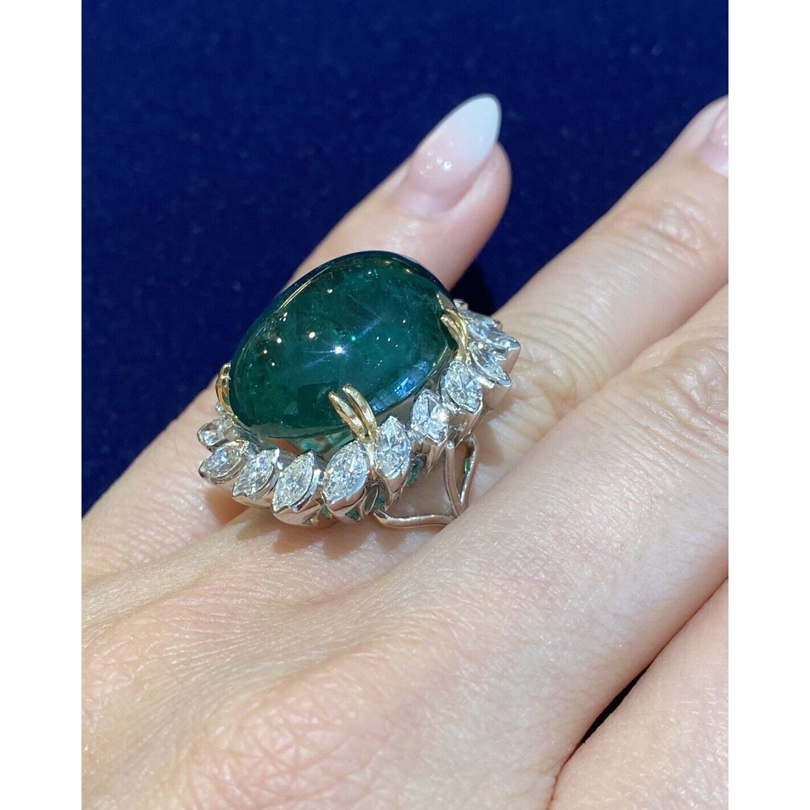 GIA 29.20 ct Natural Cabochon Emerald Ring w/ Marquise Diamonds in Plat-HM2363A4