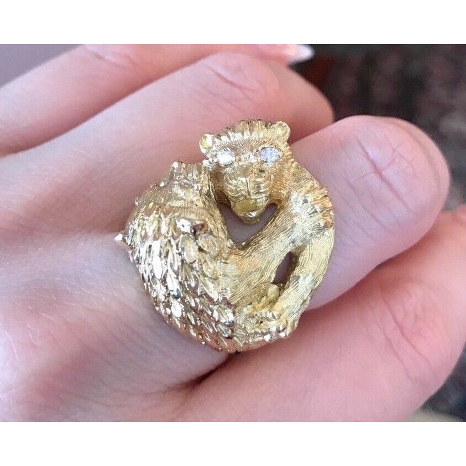 FRENCH Double Lion Heavy Textured Ring with Diamonds in 18k Yellow Gold