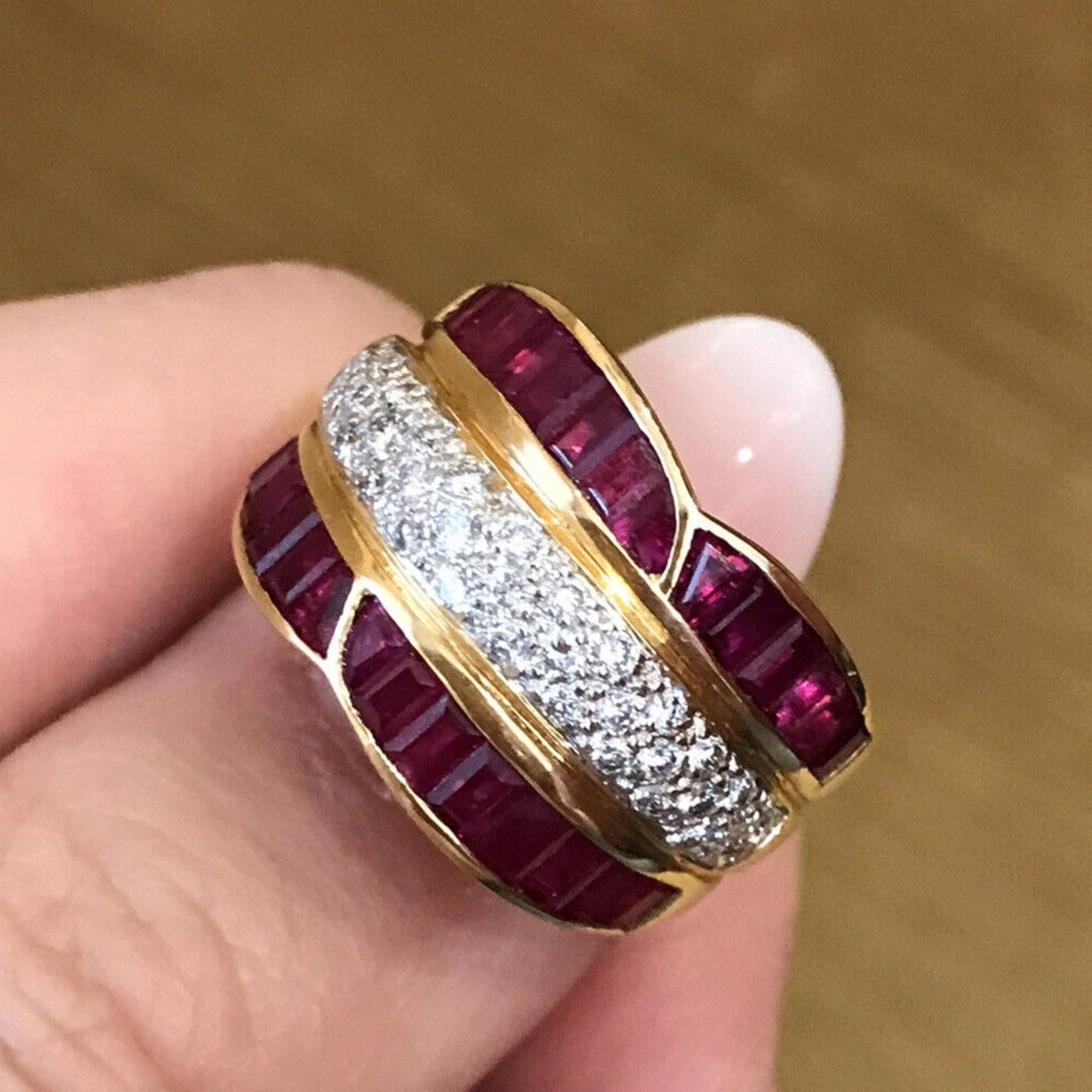 Ruby and Diamond Baguette Wide Band Cocktail Ring in 18k Yellow Gold