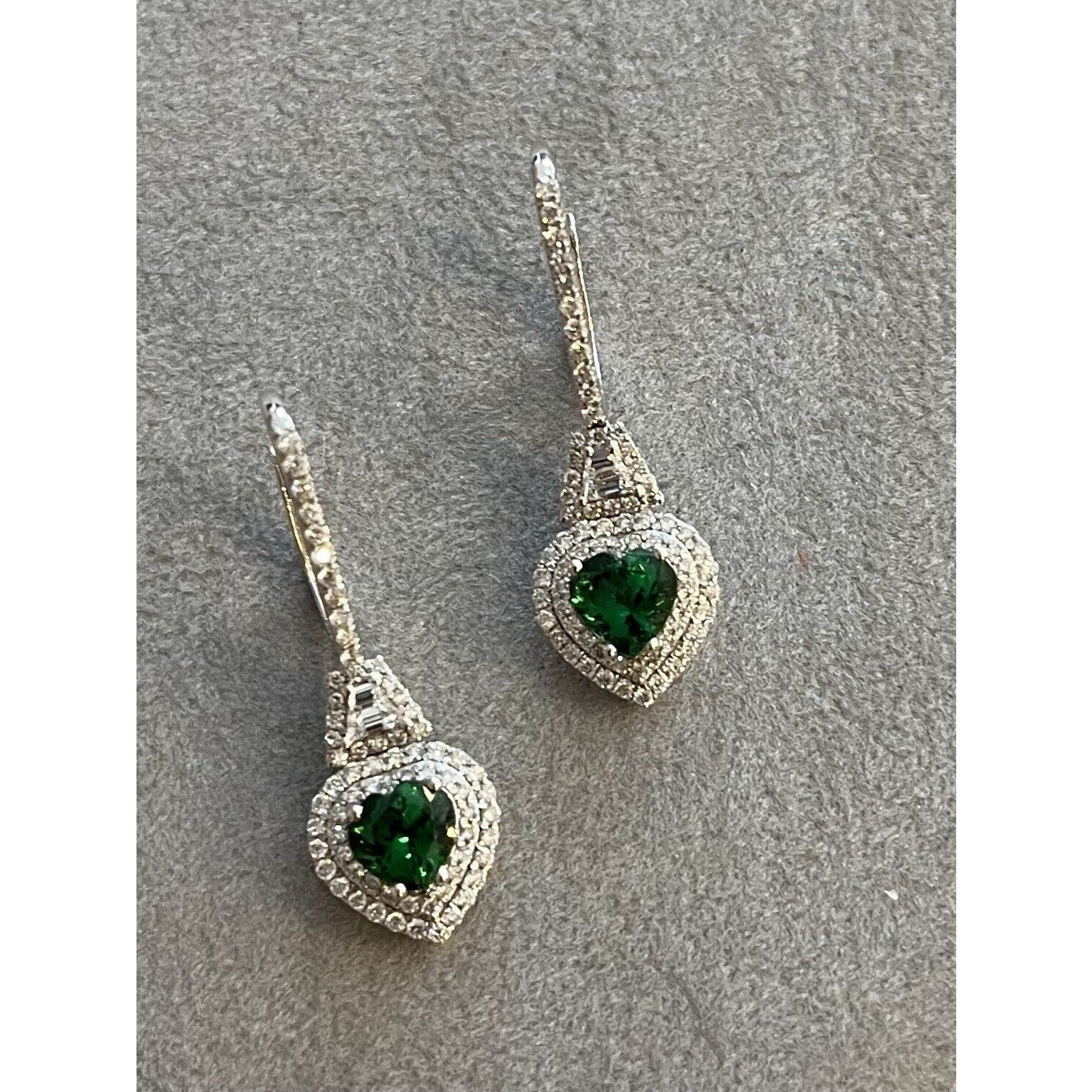 Tsavorite Garnet Hearts and Diamond Drop Earrings in 18k White Gold