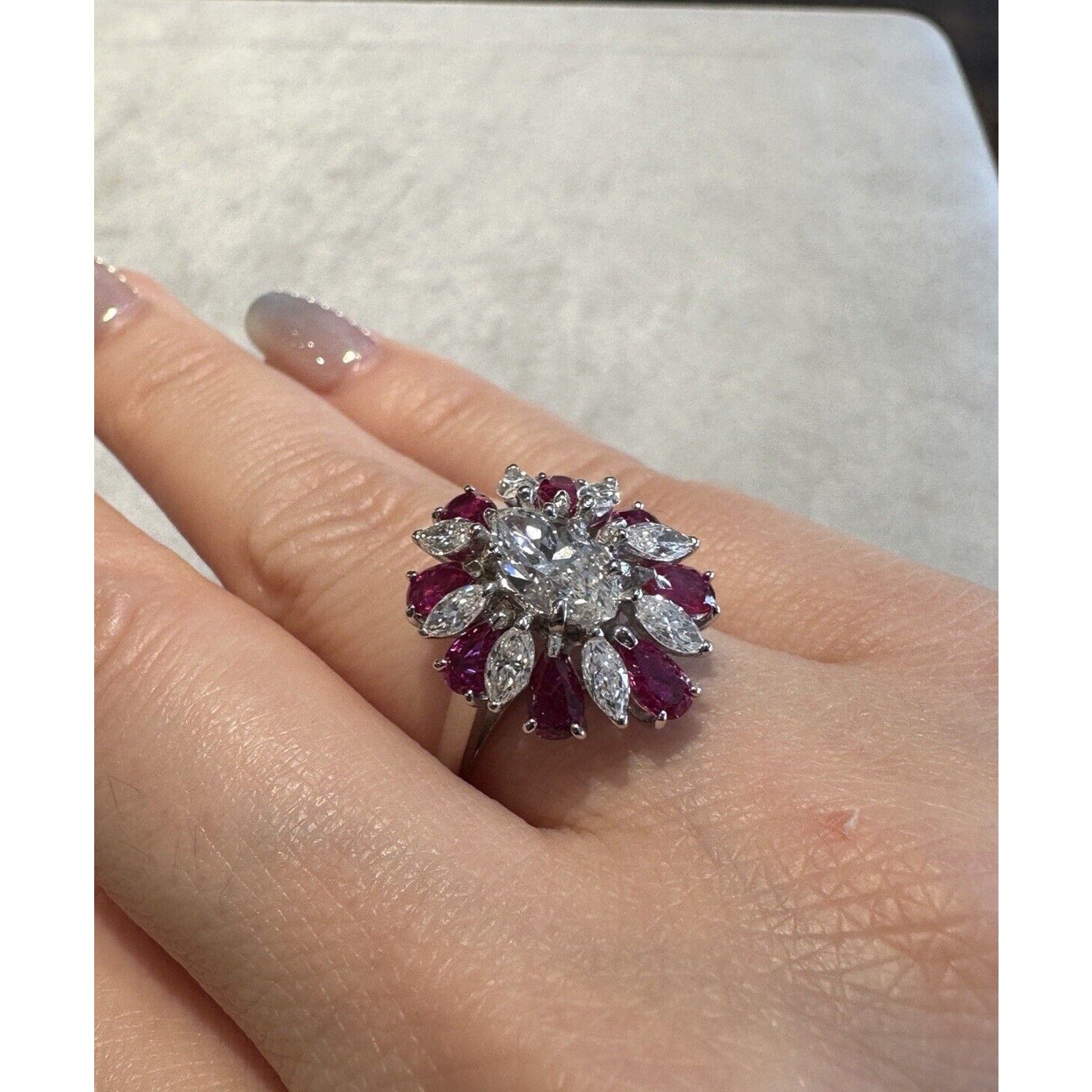 GIA .93 carat Marquise Diamond and Pear Ruby Cocktail Ring in Platinum