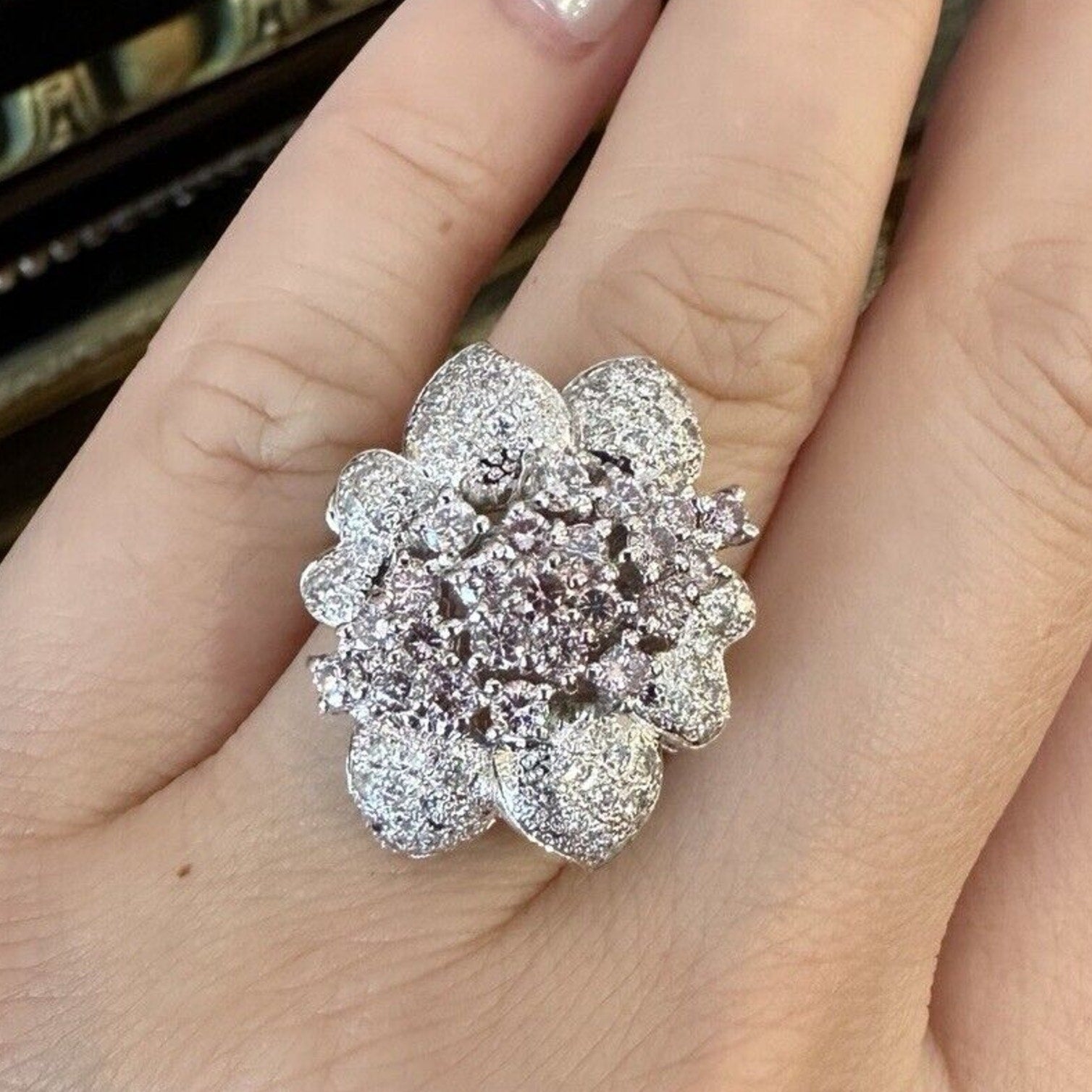 Natural Pink and White Diamond Flower Ring 2.12 cttw in Platinum