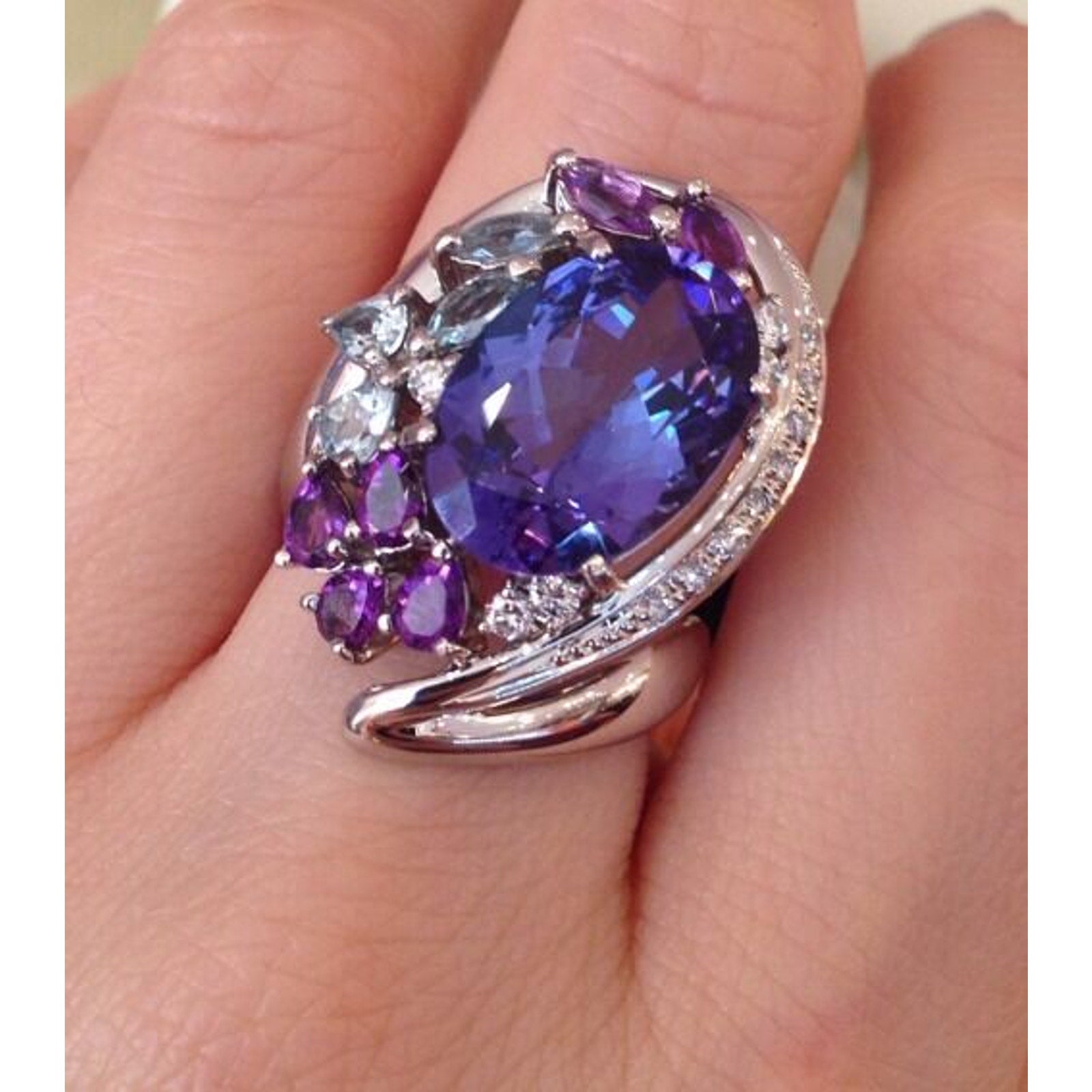 7.39 carat Tanzanite, Aquamarine Amethyst and Diamond Ring in Platinum