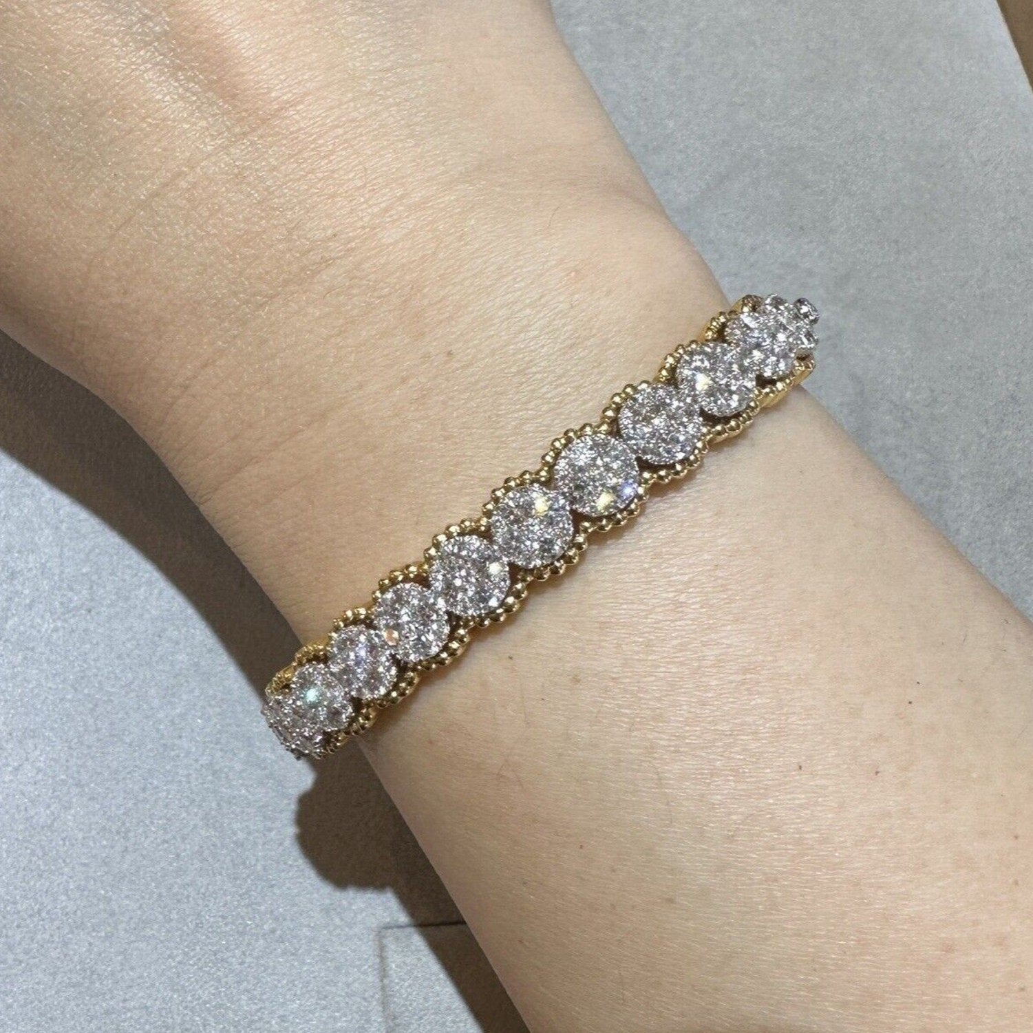 Natural Diamond Pave Bangle Bracelet in 18k White and Yellow Gold