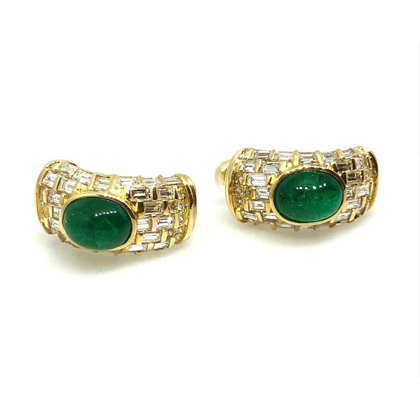 Estate Emerald and Diamond Half Hoop Earrings in 18k Yellow Gold